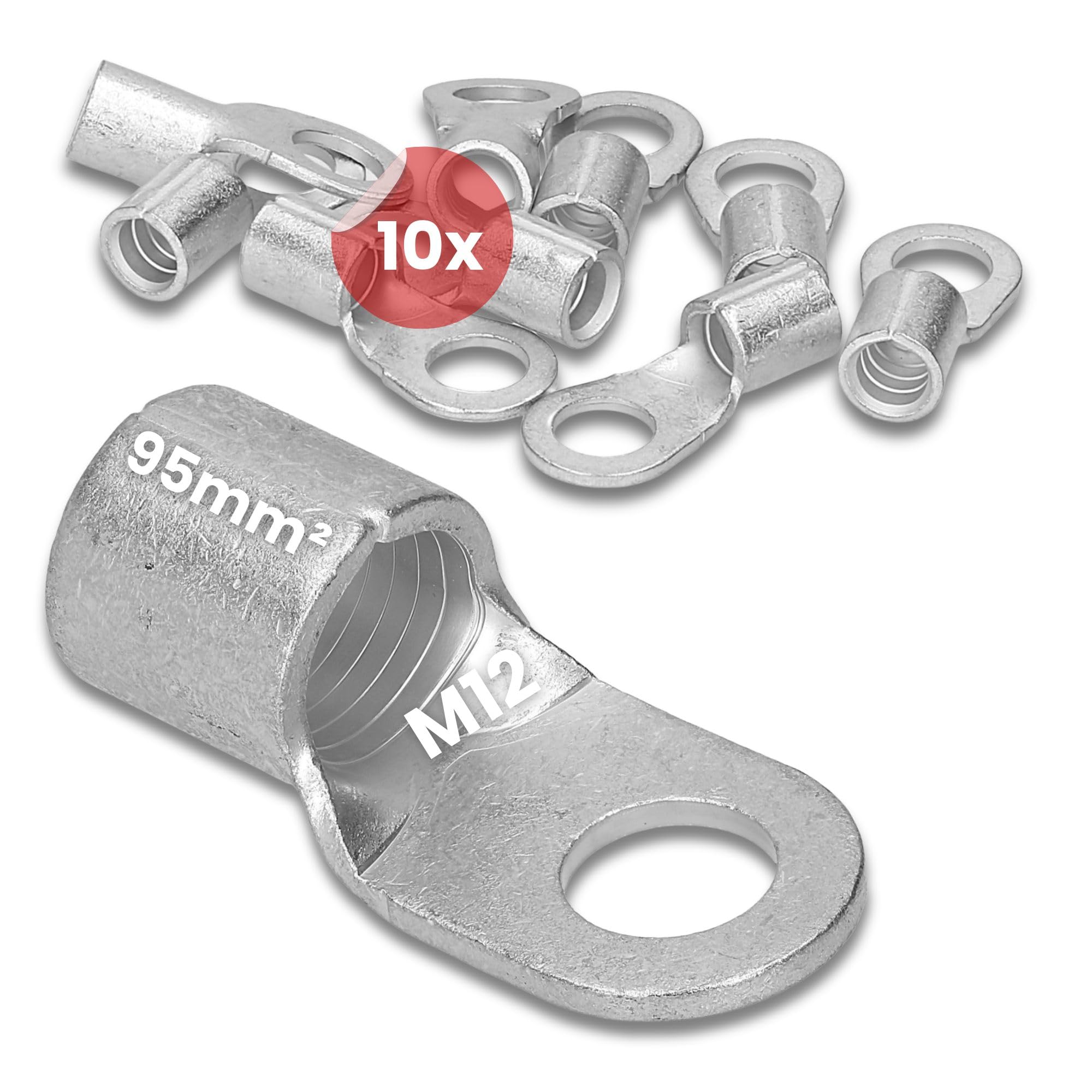 Kalitec Lot de 10 Cosses à Sertir 95 mm² M12 - Cosse de Câble à Anneau | Cosses tubulaires nues en cuivre électrolytique, pression au mandrin, pour armoires électriques et véhicules ferroviaires