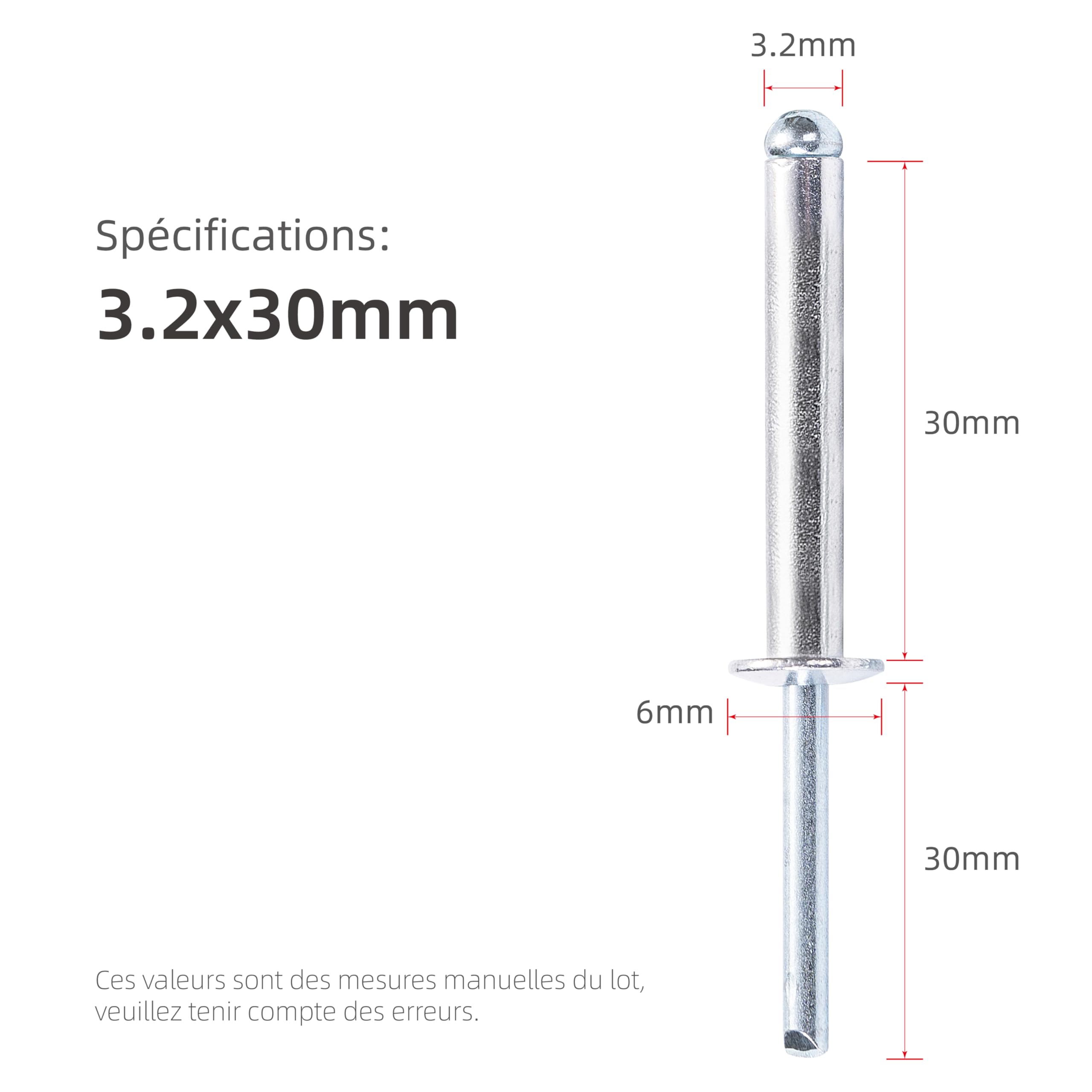 Nity ślepe aluminiowe extra-długie, łeb kulisty, trzpień stalowy – DIN 7337 A – Do grubych blach (Ø3,2x30mm - 50 sztuk)