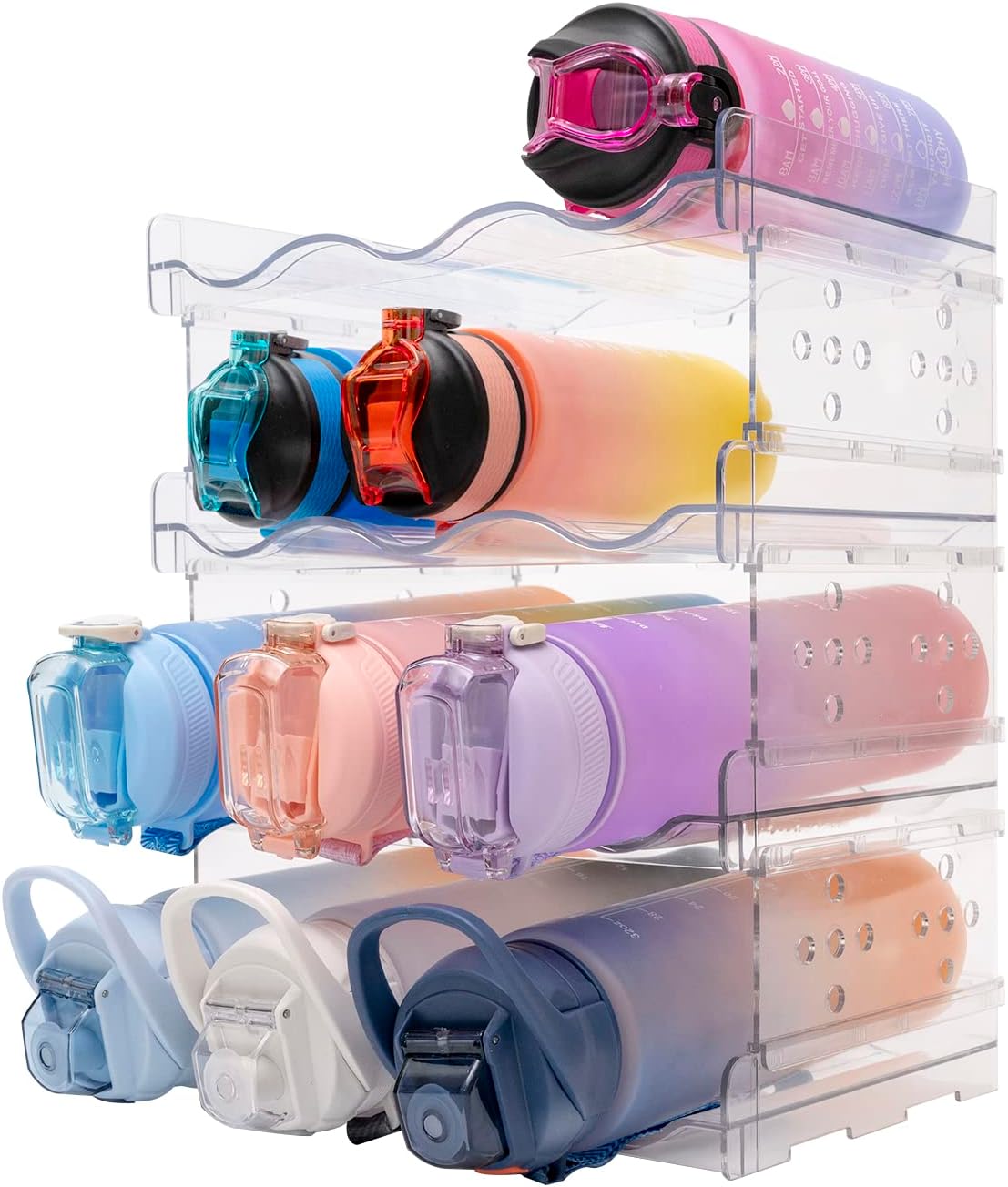 Meegoo Water Bottle Organizer- Plastic Bottle Storage Rack for Cabinets, Refrigerators and Kitchen Countertops- Pack of 4, Each Rack Holds 3 Containers