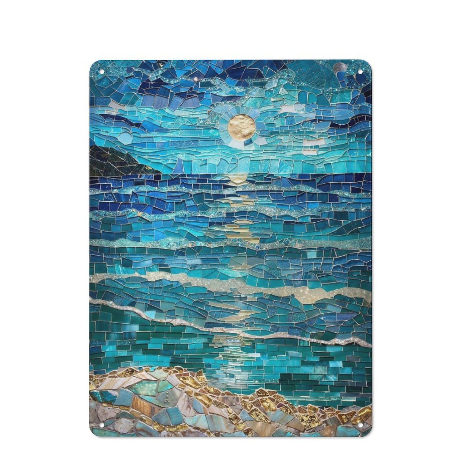 Junmoney Moonlit Ocean Mosaic Art Garden Style Shed Metal Sign 40X30cm, Shed Wall Decor For Patio Bar, Workshop, Shed Or Kitchen