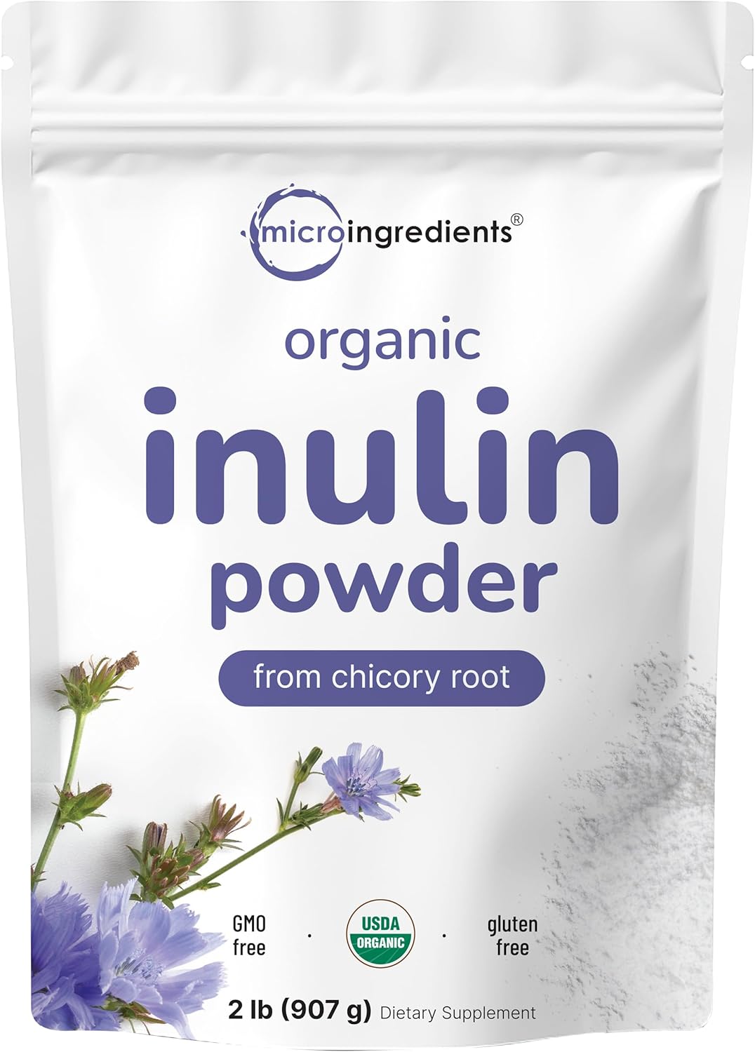 Micro Ingredients Organic Inulin Fiber Powder, 2lb | Natural Prebiotic to Support Digestive & Gut Health | Soluble, Easily Digestible | Unflavored, Vegan