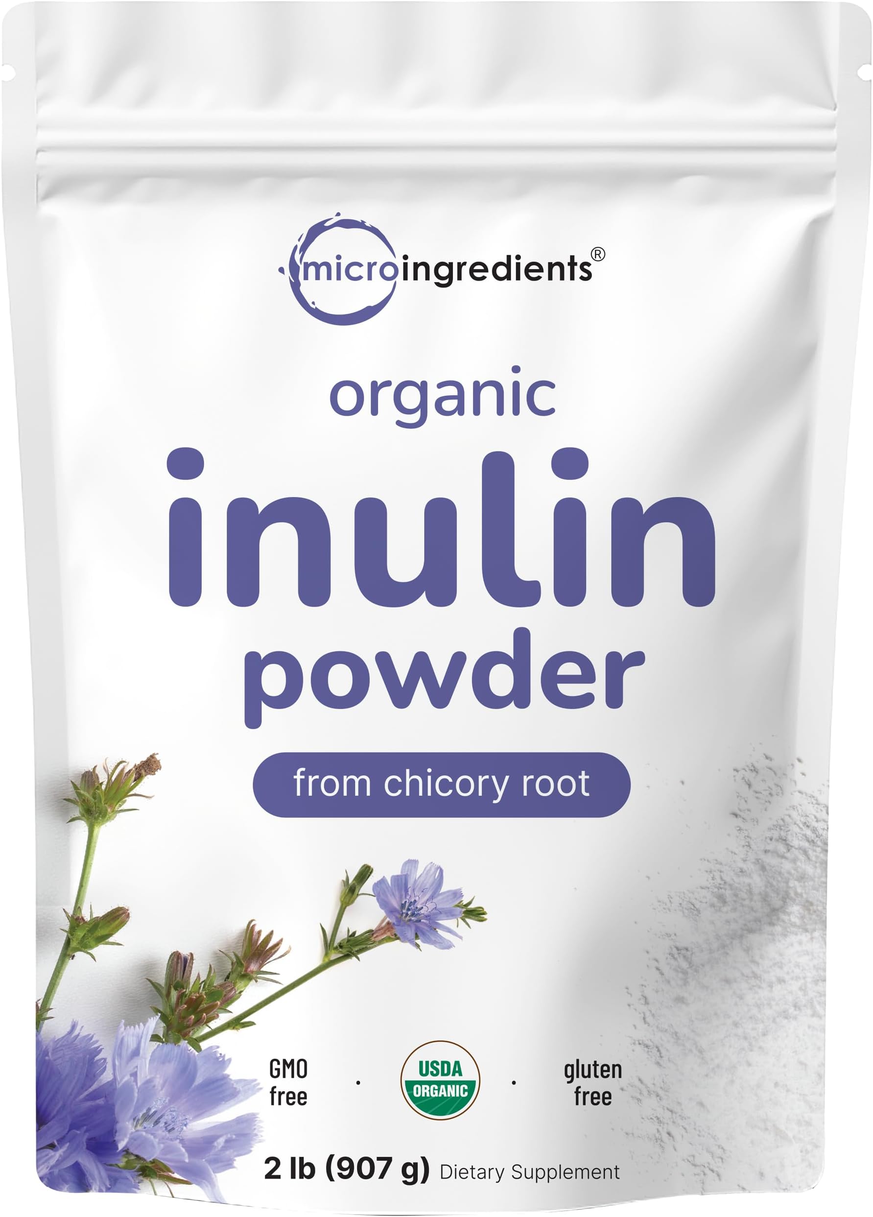 Micro Ingredients Organic Inulin Fiber Powder, 2lb | Natural Prebiotic to Support Digestive & Gut Health | Soluble, Easily Digestible | Unflavored, Vegan