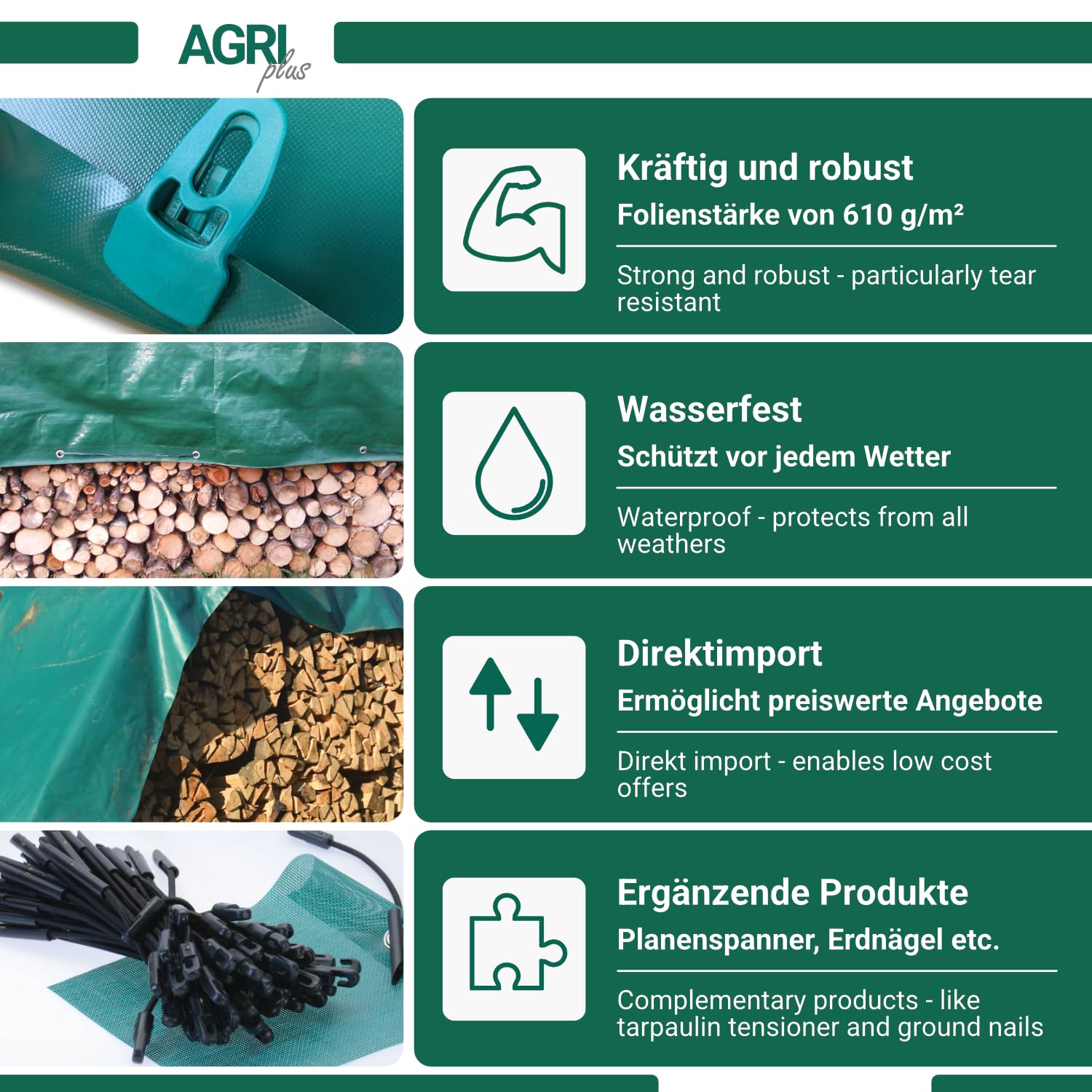 AGRI plus Bâche de Protection pour Bois 1,5 x 10 m avec œillets, Bâche en PVC Solide 210 g/m² avec Bords renforcés, pour Couverture de Longue durée, Résistant aux intempéries et aux UV