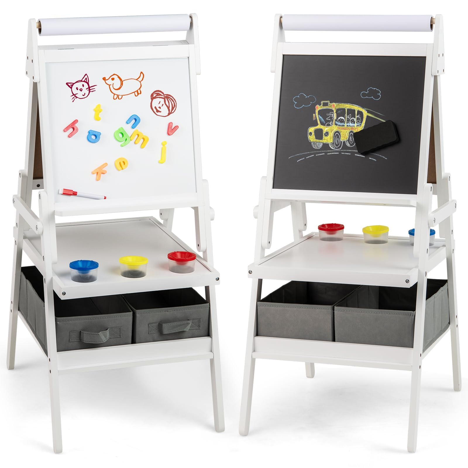 FANTASK Pizarra infantil 3 en 1 de doble cara con rollo de papel, pizarra magnética y pizarra blanca, incluye 3 vasos de pintura y 2 cajas, caballete para niños a partir de 3 años (color blanco)