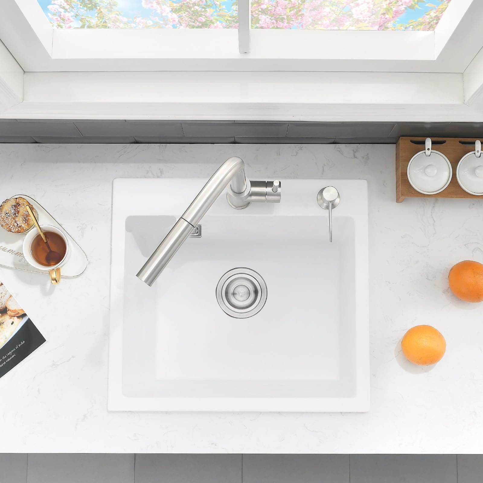 Lavello da Cucina Bianco 55 x 45cm, Lavello Cucina 1 vasca in Granito, Bokaiya Bianco Lavandino, lavandino da Esterno con Set di Drenaggio e 2 Fori di Preforato, Installazione a Sopratop o Filotop