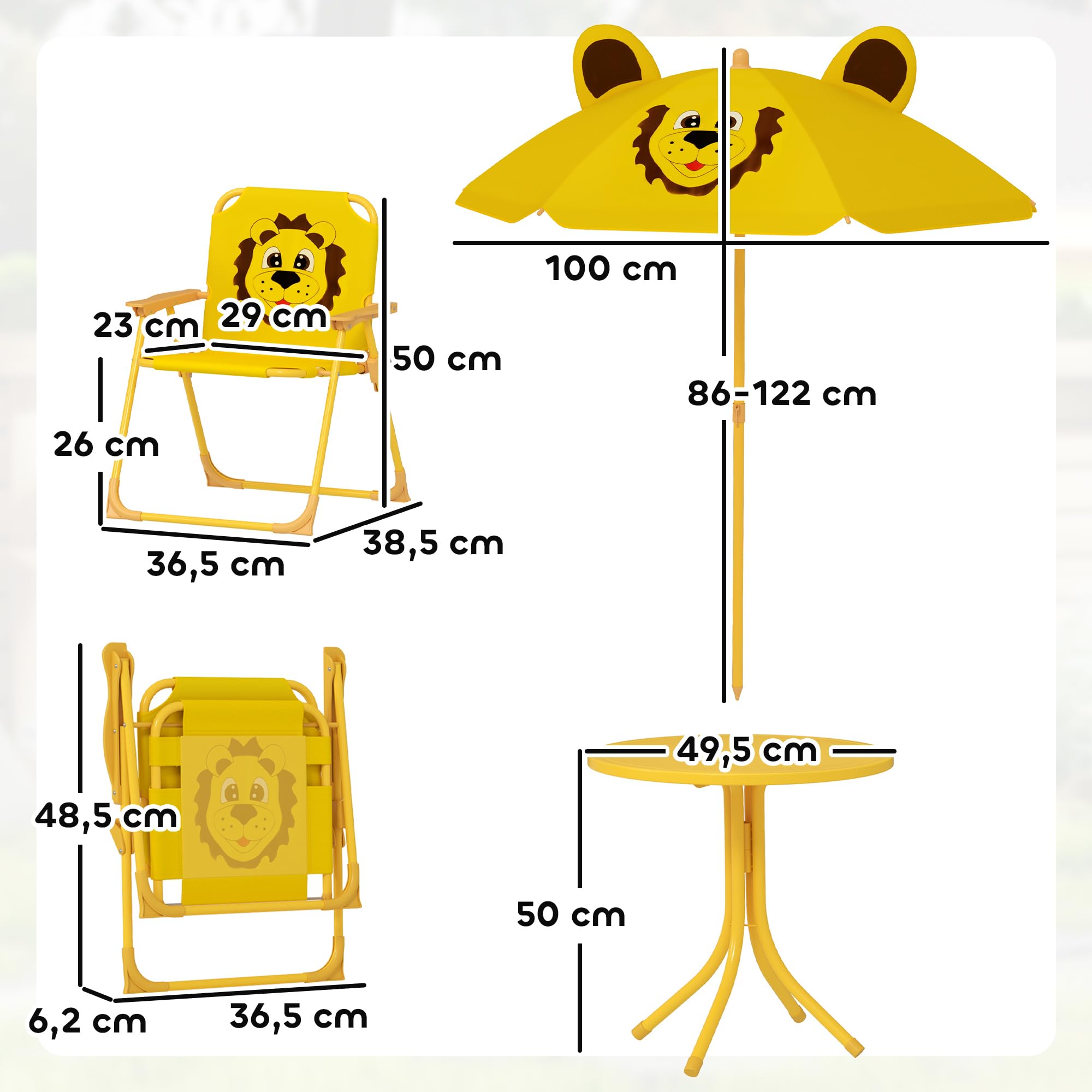 AIYAPLAY Kindersitzgruppe mit Sonnenschirm Höhenverstellbar Kindersitzgarnitur Kindertisch mit 2 Klappstühlen Sitzgarnitur Kinder Sitzgruppe Outdoor Gartenmöbel für Garten Strand, Gelb