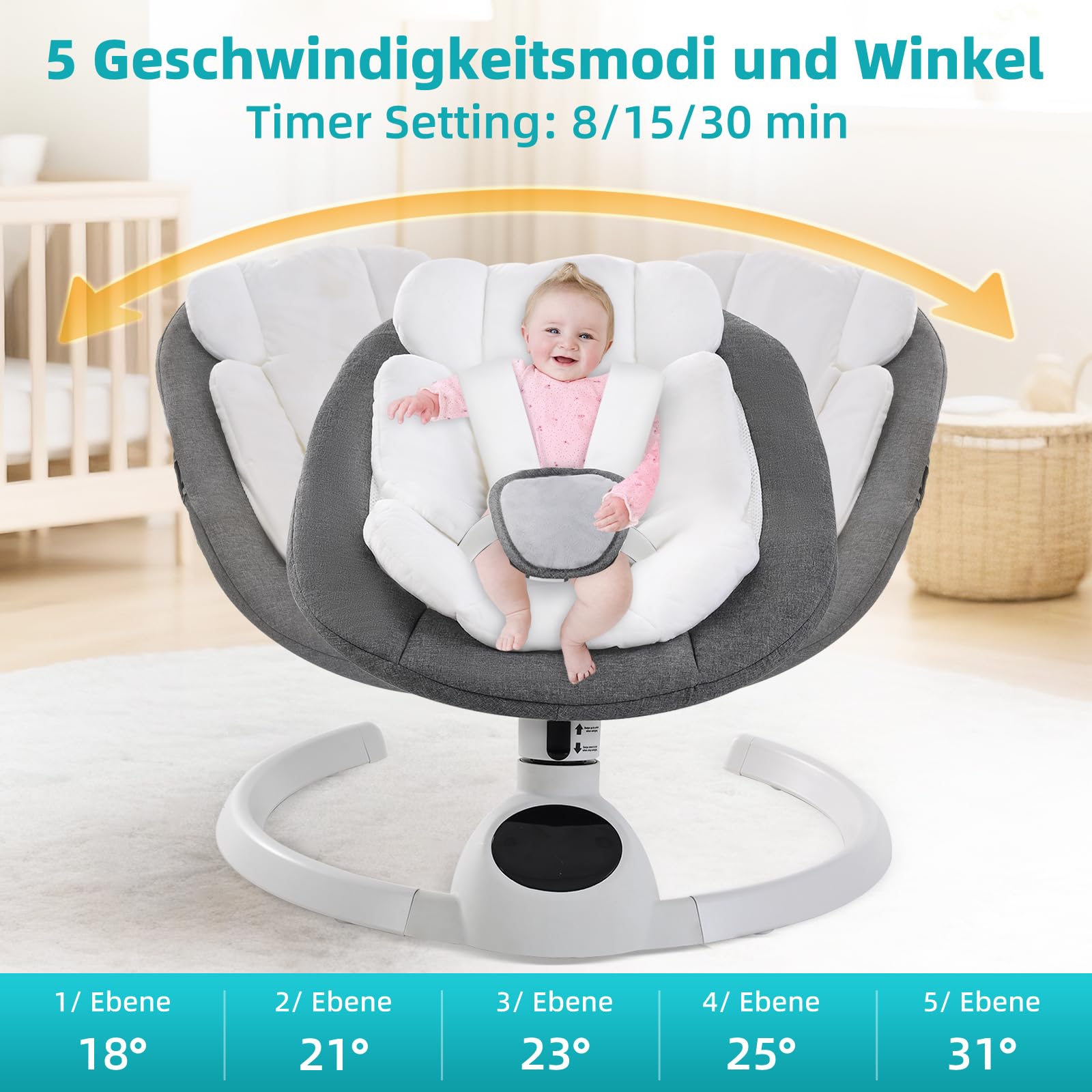 Babywippe Elektrisch Neugeborene bis 9 kg, Klappbar Bluetooth Babyschaukel Elektrisch mit 5 Schwinggeschwindigkeiten, 3-stufigem Timer und Fernbedienung, Tragbar Leicht Wippe Baby Elektronisch (Grau)