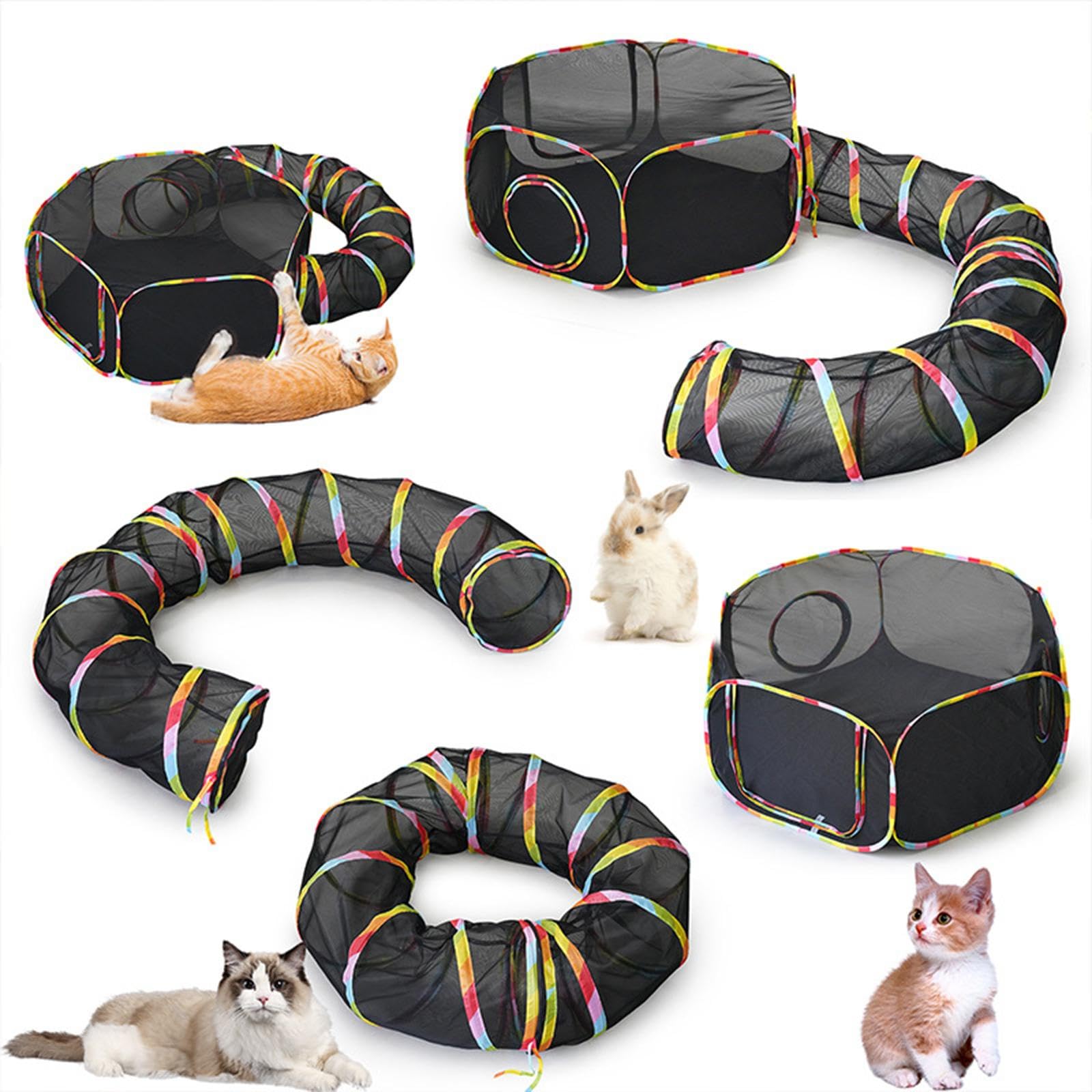Regenbogen-Katzengehege im Freien, Katzenzelt mit Katzentunnel, außerhalb des Katzenlaufstalls für Kaninchen