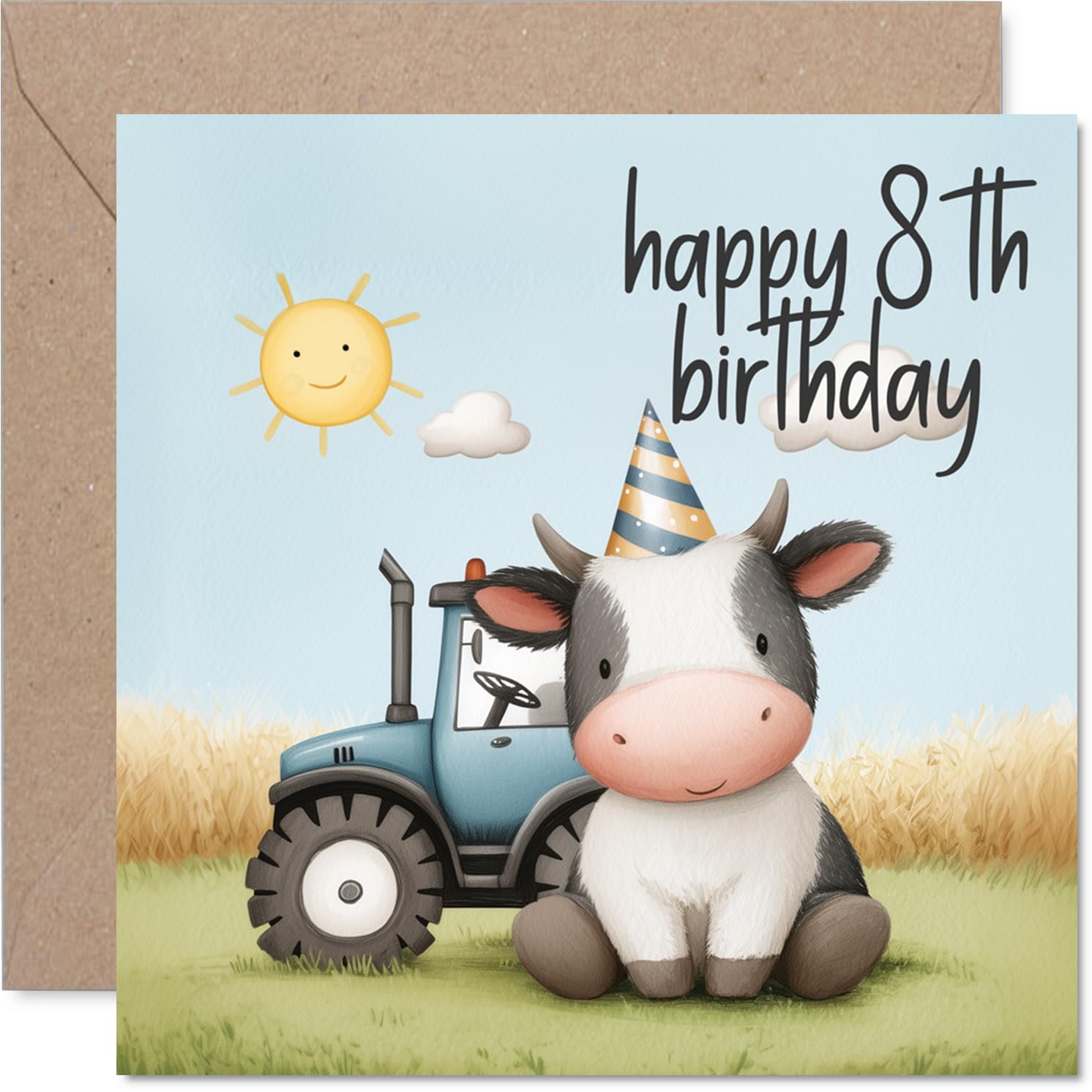 Playful 8th Birthday Card - Moo-velous Birthday Fun - Cute Cow in Party Hat and Tractor on Sunny Farm - 145mm Square, Envelope Included