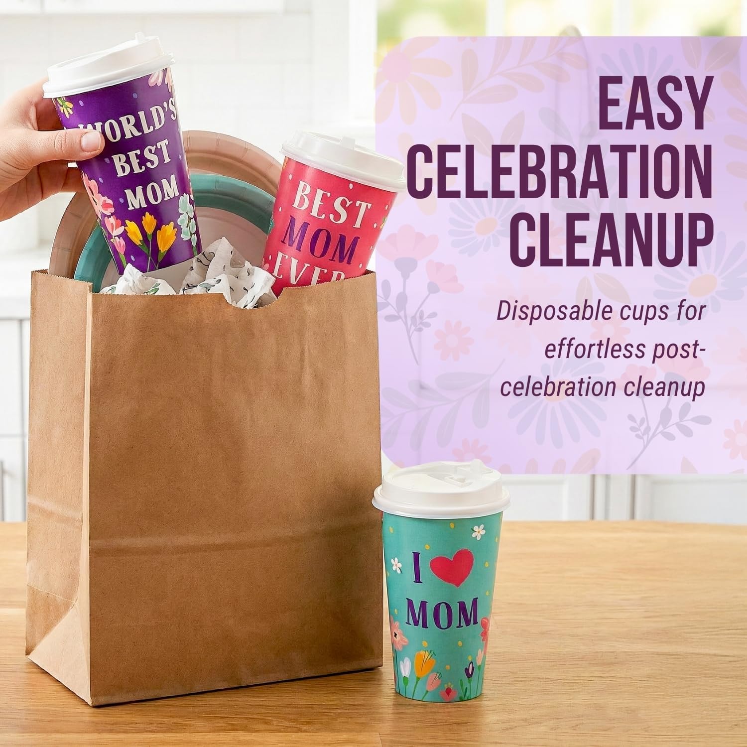 Fun Express Mother’s Day World's Best Mom Paper Coffee Cups with Lids – 12 Pieces