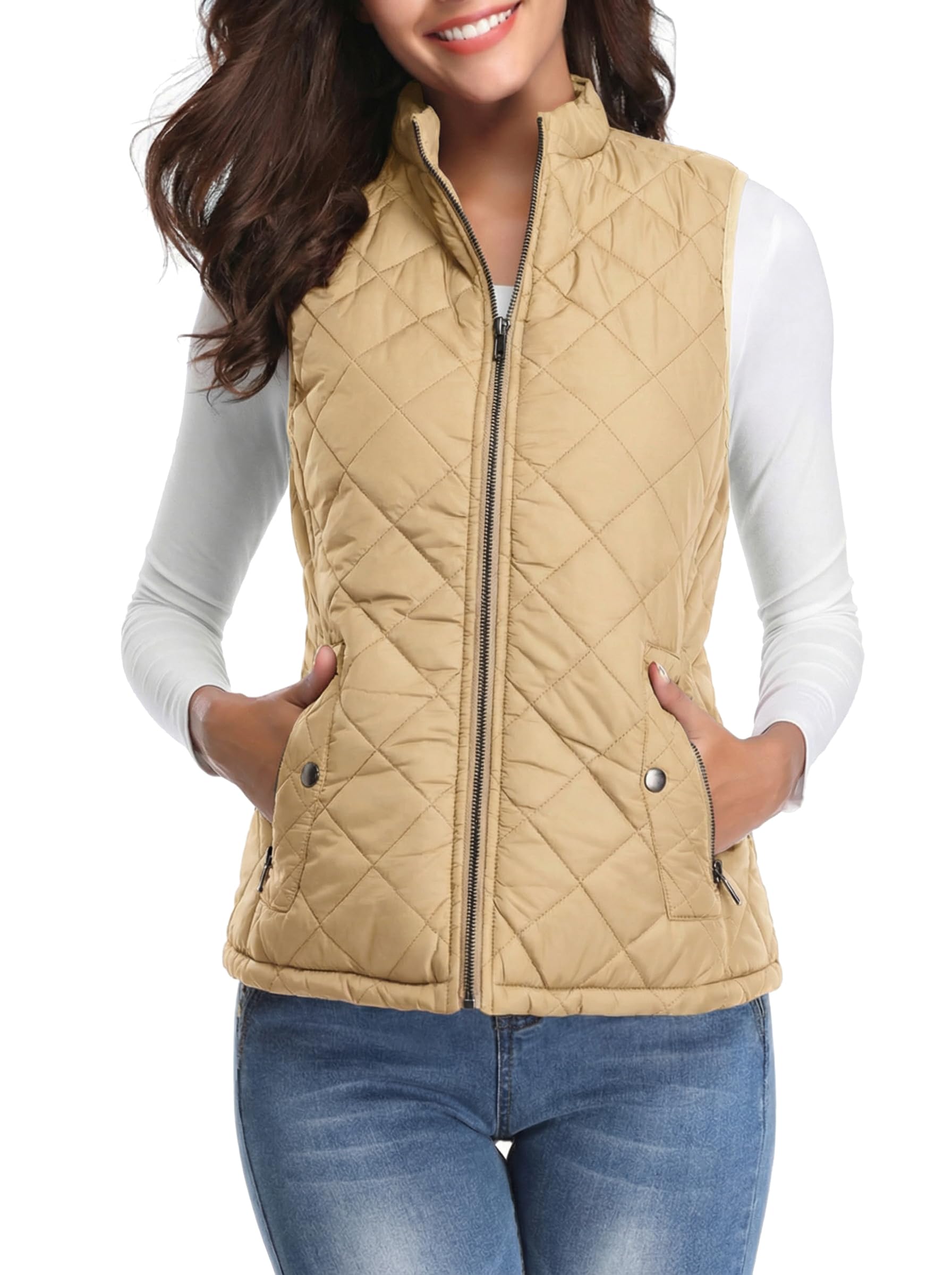 Fuinloth Women's Lightweight Warm Puffer Quilted Vest - 4-Pockets Stand Collar Zip Gilet, Fall Winter Outerwear