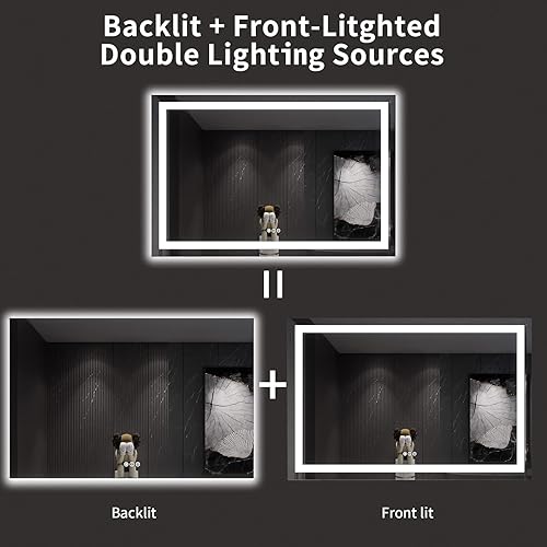 Miniatura 5 de LOAAO Espejo de baño LED de 60 x 40 pulgadas con luces, antiniebla, regulable, retroiluminado + iluminado frontal, espejo de tocador de baño