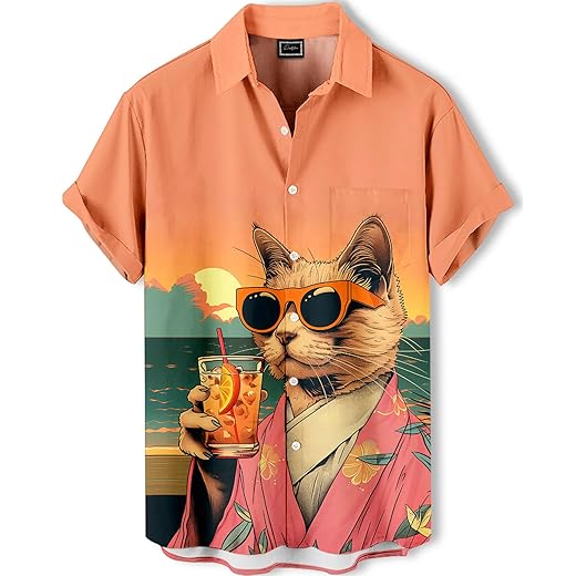 Men's Hawaiian Shirt, Artistic Funny Animal Print, Short Sleeve Vacation Shirt, Tropical Casual Beach