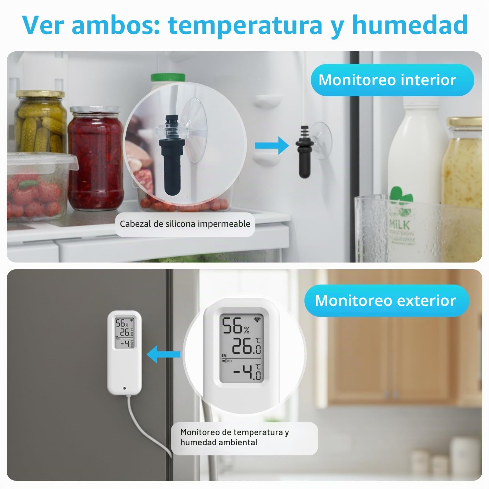 Daytech Tuya - Termómetro digital para frigorífico WiFi, temperatura digital con alerta de aplicación, registros de temperatura y humedad y exportación de datos gratis con sonda de 1 m de longitud