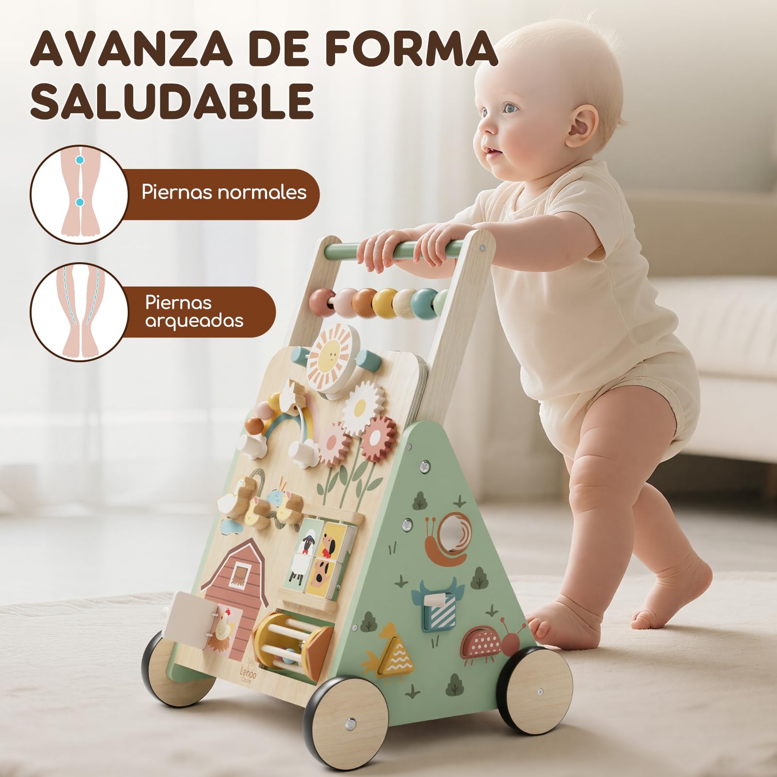 Andador Bebes, Ajustable Caminador Bebe de Madera con Busy Board Montessori, Baby Walker para Niña Niño, Regalo Bebé 1 Año