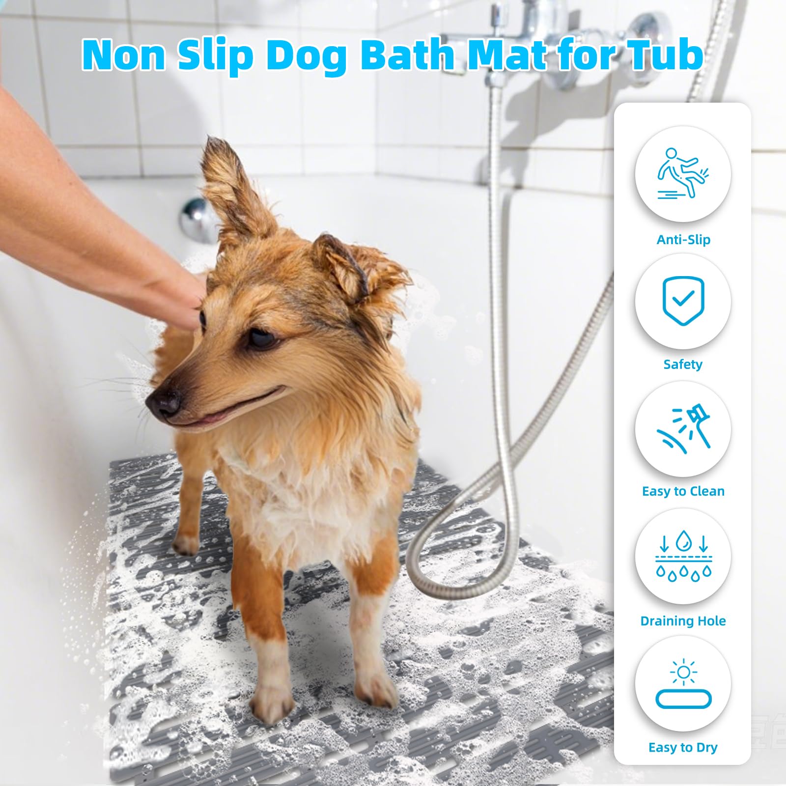 Tapete de baño antideslizante para perro, tapete de bañera de drenaje rápido para mascotas, 26.8 x 15.7 pulgadas, almohadilla de ducha antideslizante recortable con agujeros de drenaje y 162 ventosas