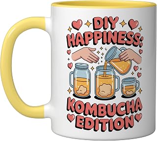 DIY Happiness Kombucha Maker Fermented Tea Enthusiast Ceramic Mug, Yellow/White