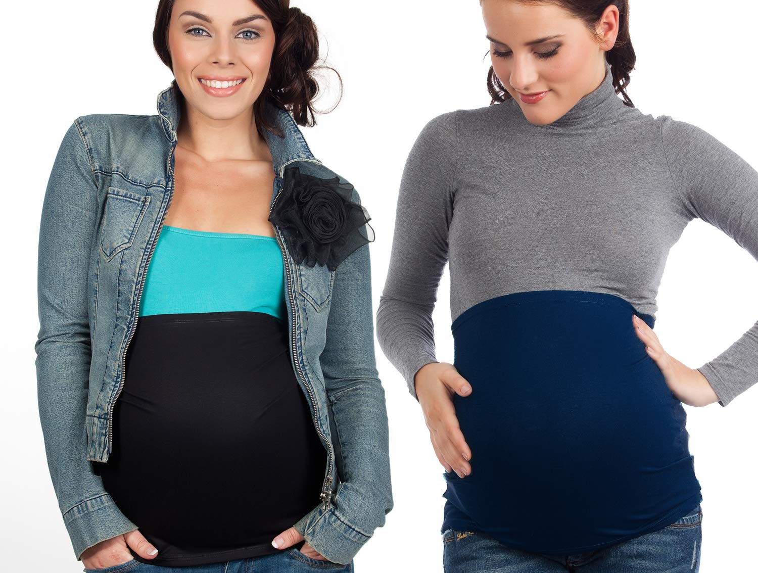 Paquete doble de banda abdominal para el embarazo. Contenido: 2 bandas abdominales - Bandas abdominales para embarazadas - Calentador de espalda y alargador de camisetas, azul oscuro/negro, M-L