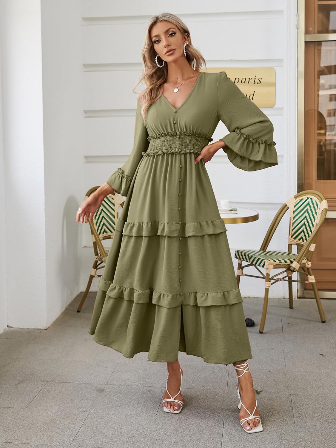 Amegoya Women's V Neck Long Sleeve Boho Maxi Dress Summer Wedding Guest Long Flowy Engagement Dresses - Image 3