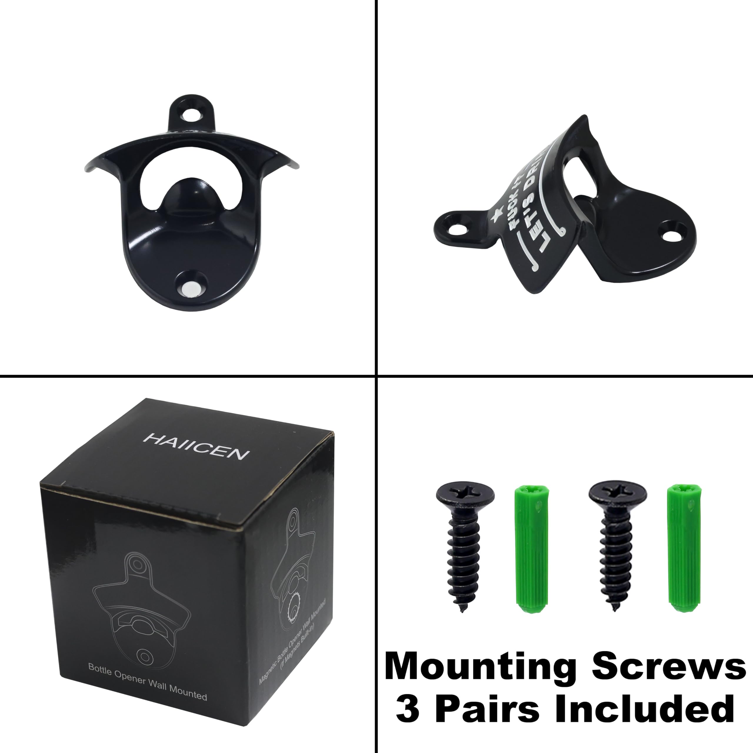 Abridor de botellas negro para pared, divertido abridor de cerveza montado en la pared para hombres, papá, amantes de la cerveza, regalos (paquete de 3)