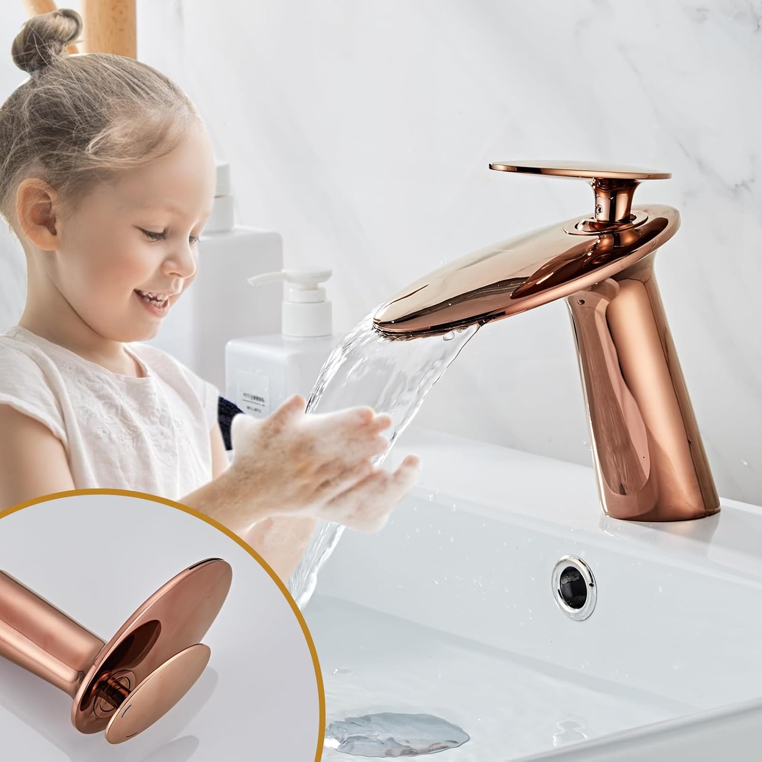 Wovier Rose Gold Waterfall Bathroom Sink Faucet,Single Handle Single Hole Brass Lavatory Vanity Faucet,Slanted Body Basin Mixer Tap with Supply Hose and Pop Up Drain Assembly