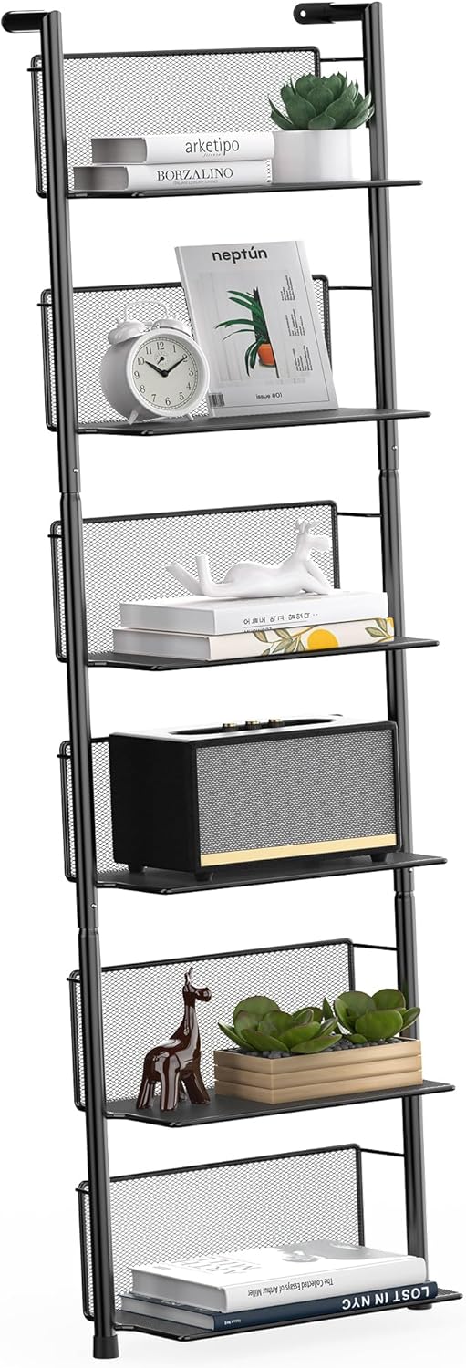 Docnest Industrial Wall-Mounted Ladder Shelf - 6-Tier Metal Bookshelf Organizer, 47.6 Inch Modern Floating Shelves for Plants, Books & Home Decor, Black Industrial Storage Shelving