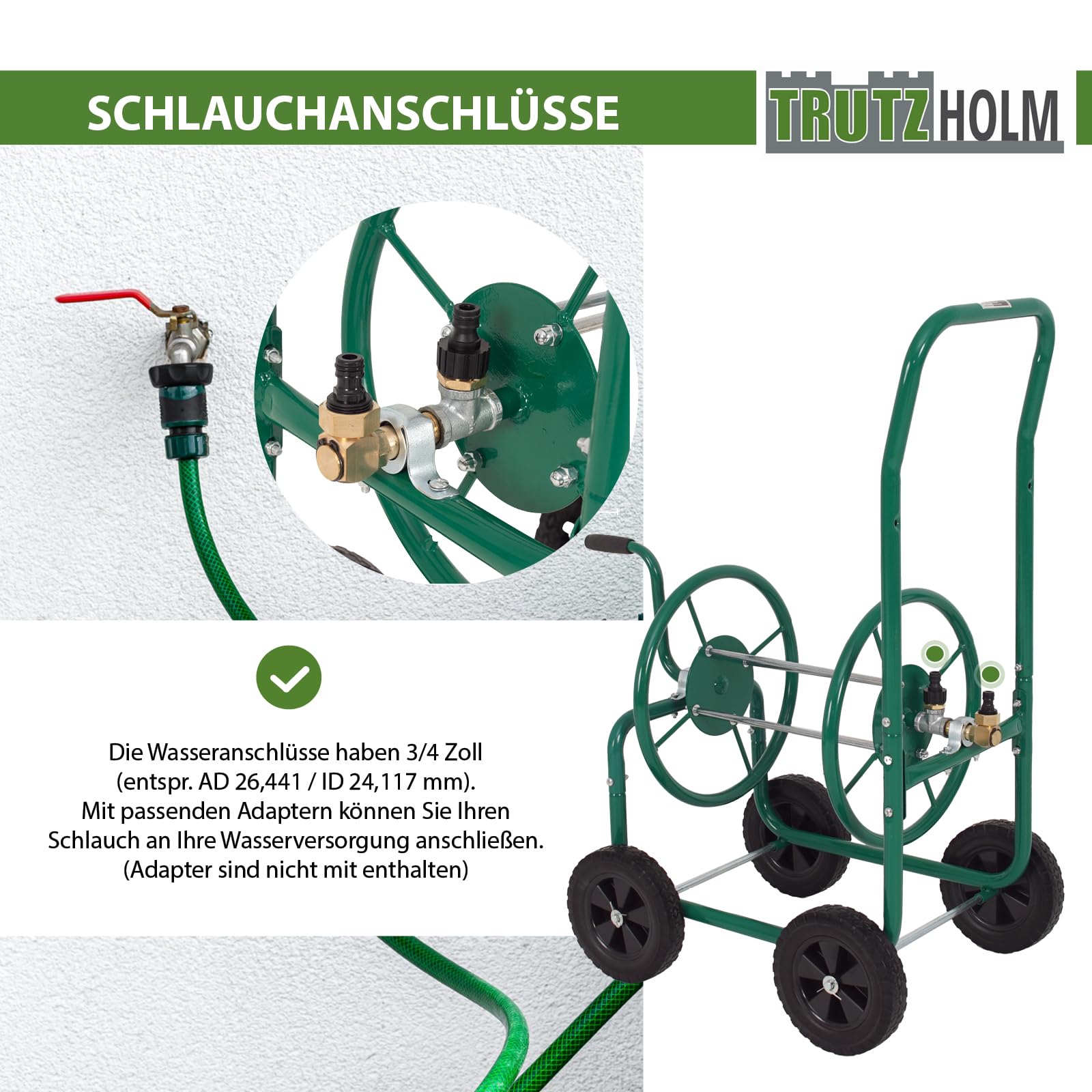 TRUTZHOLM Schlauchwagen Basic 4 Räder 95,5 x 58 cm Stahl, für 50 m Gartenschlauch 3/4" Anschluß grün