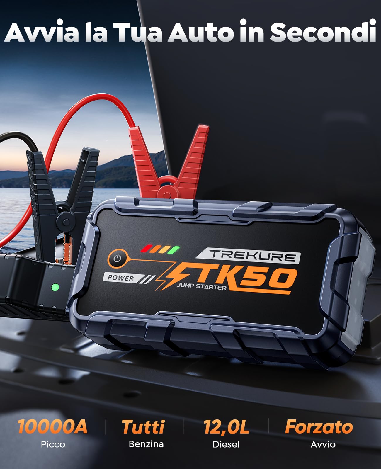 TREKURE Avviatore Batteria Auto, 10000A 26800mAh Avviatore di Emergenza (Tutti Benzina o 12L Diesel), Booster Avviamento Auto con Luce LED da 800 Lumen, Pinze Intelligenti con Cavi più Spessi, TK50