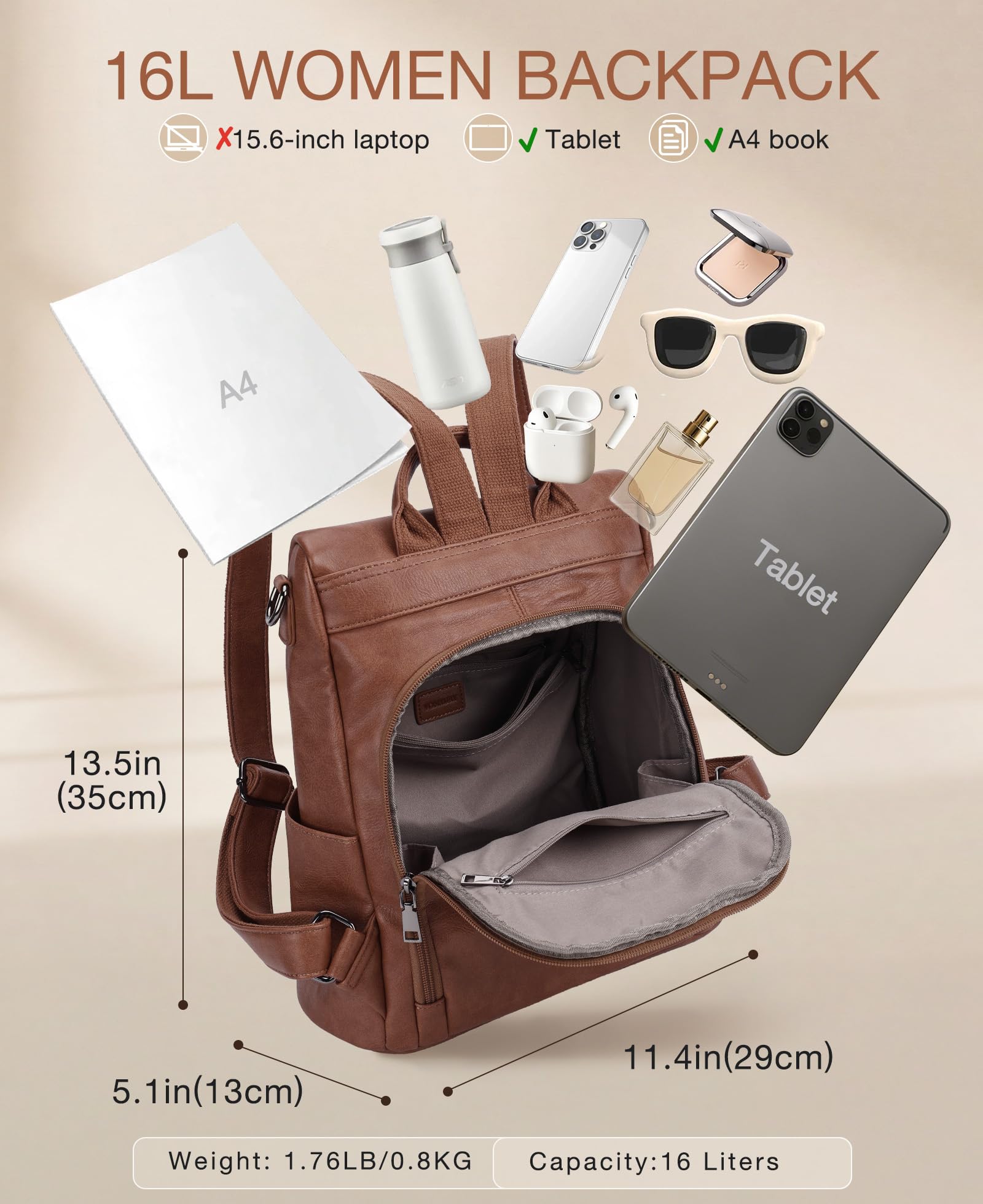 VX VONXURY Zaino Borsa da Donna, Zaino da Viaggio Antifurto in Ecopelle per Ragazze Zaino per il Lavoro Scolastico