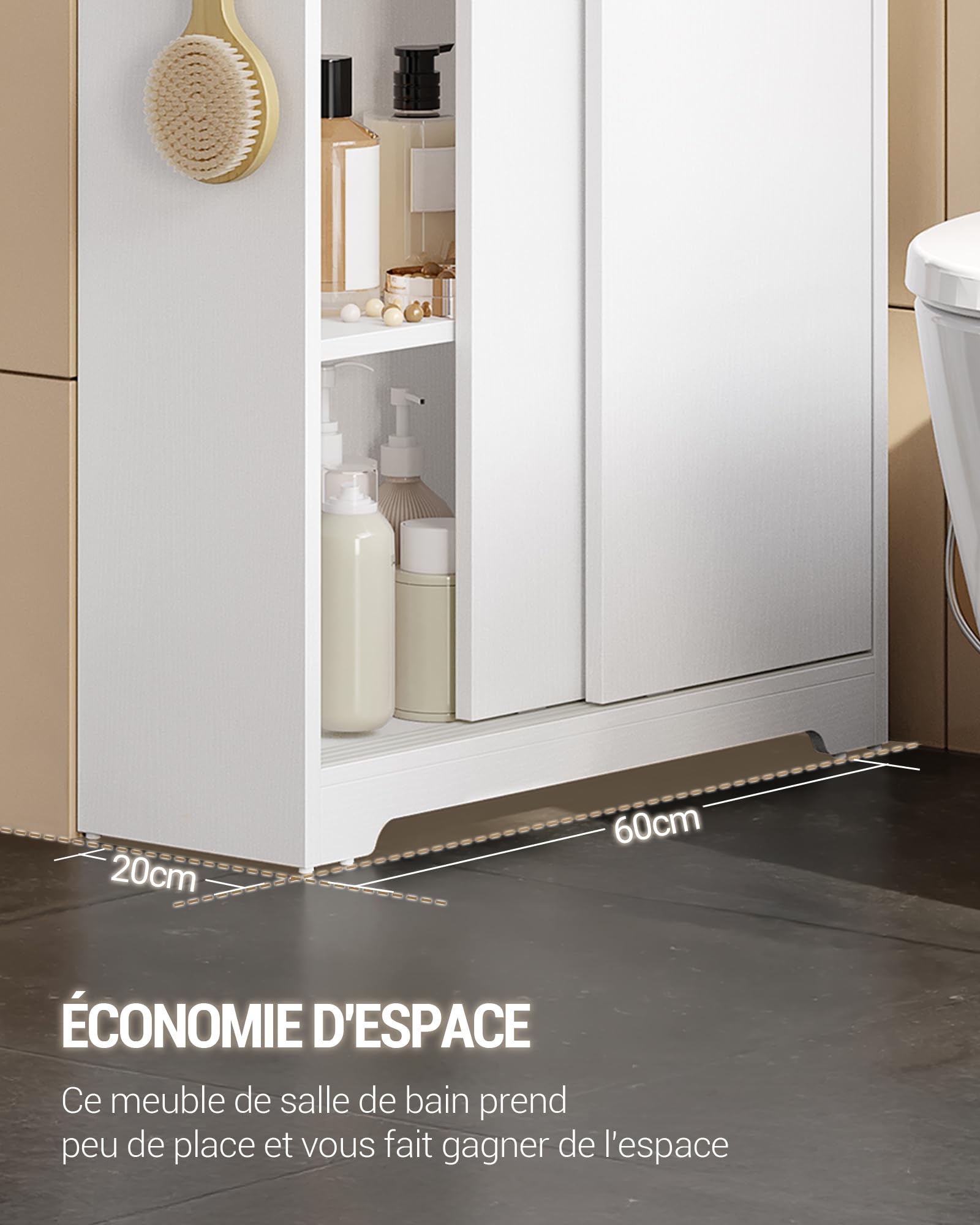 Hzuaneri Meuble de Salle de Bain, Meuble Toilette avec Rangement Papier Toilette et Crochets, Portes Coulissantes, Étagère Réglable, 20 x 60 x 80 cm, Blanc BC62813X
