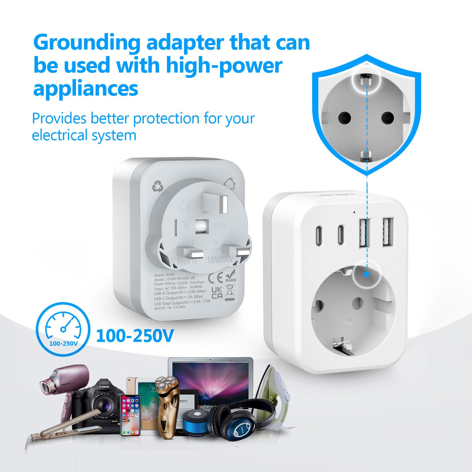 JSVER Adaptateur Prise Anglaise,Adaptateur Voyage France/Europe vers UK,Connecteur Prise avec 2 USB A et 2 Type C,Type G pour l'Angleterre,l'Irlande,Dubaï,Les Maldives et Hong Kong (Blanc)