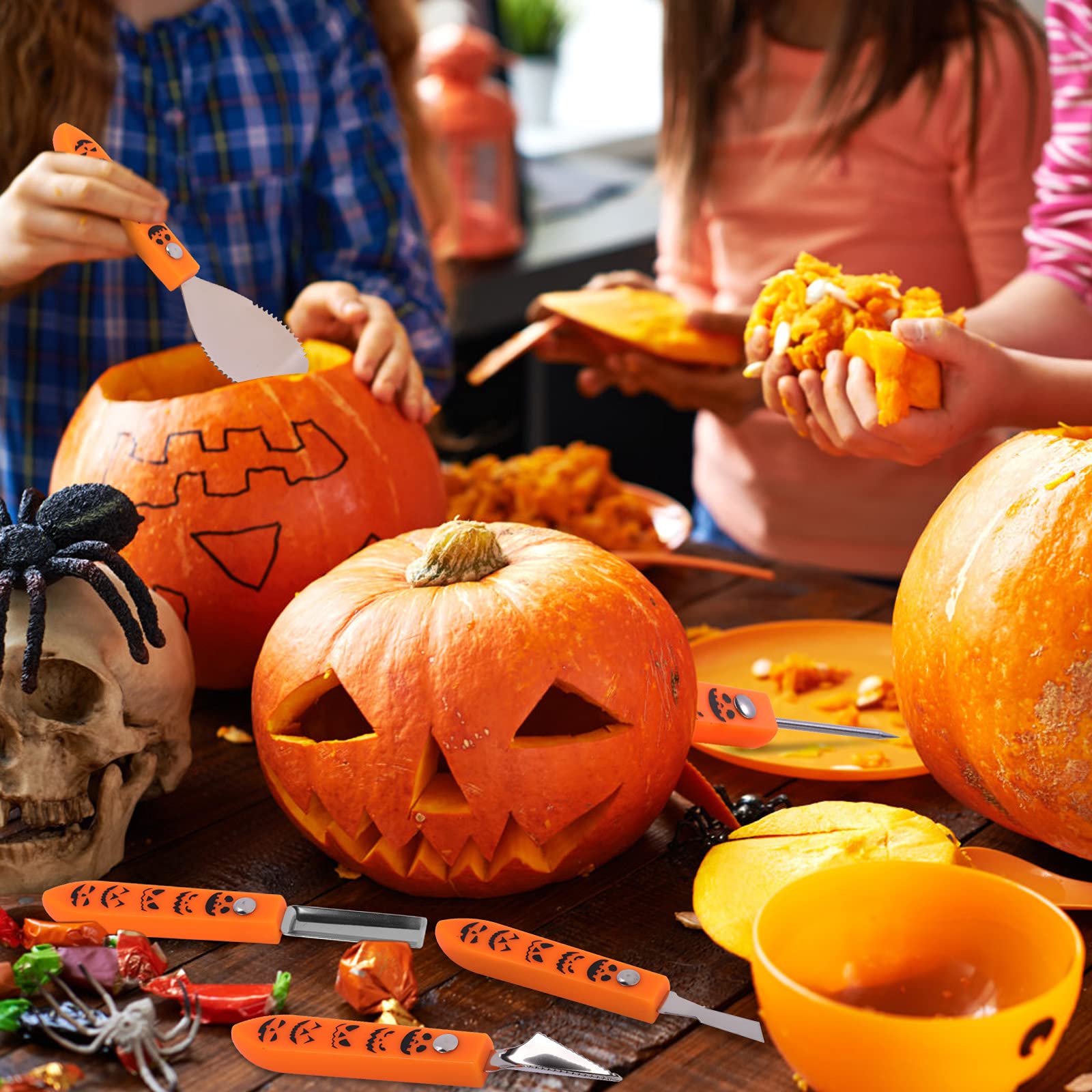 Kit di Intaglio della Zucca 7 Pezzi Set per Intagliare di Zucca Halloween con Stencil di Zucca, Strumenti Professionale per Intagliare di Zucca in Acciaio Inossidabile per Adulti e Bambini