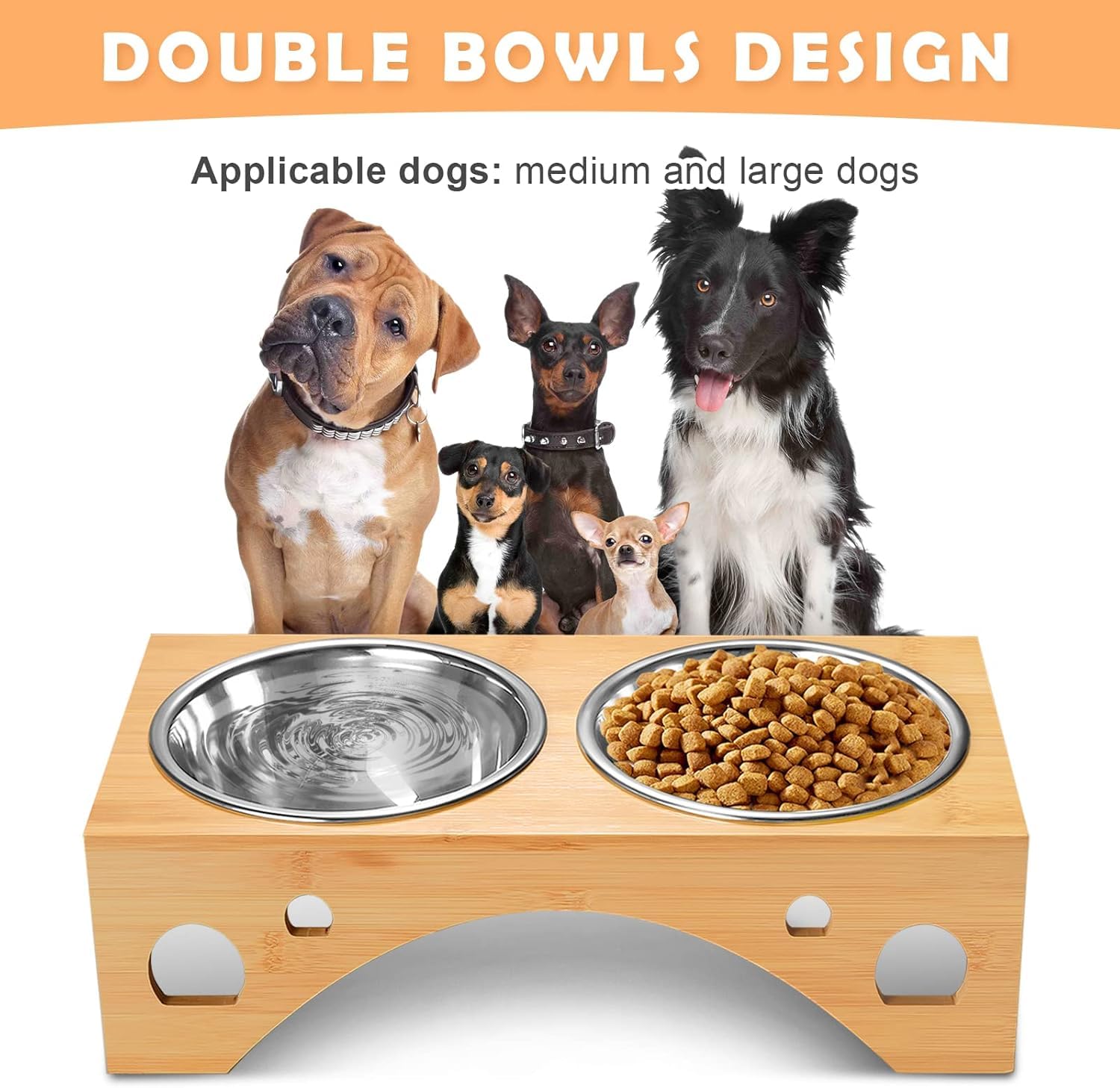 Comedero Perro Elevado, Comedero Alto Perro FoiiLiio con 2 Cuencos de Acero Inoxidable de 1100 ML, Platos para Perros con Soporte de Bambú