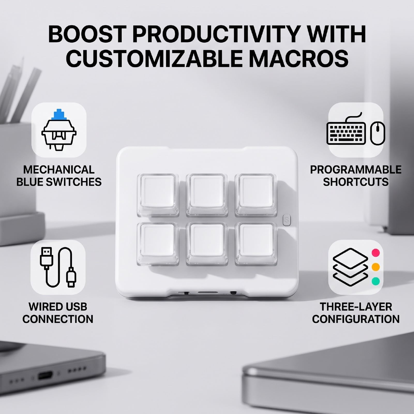 Luocute Tastierino Macro, 6 Tasti con una Sola Mano (WHITE) | Tastiera meccanica, interruttore blu, tastiera programmabile USB cablata, per computer portatile