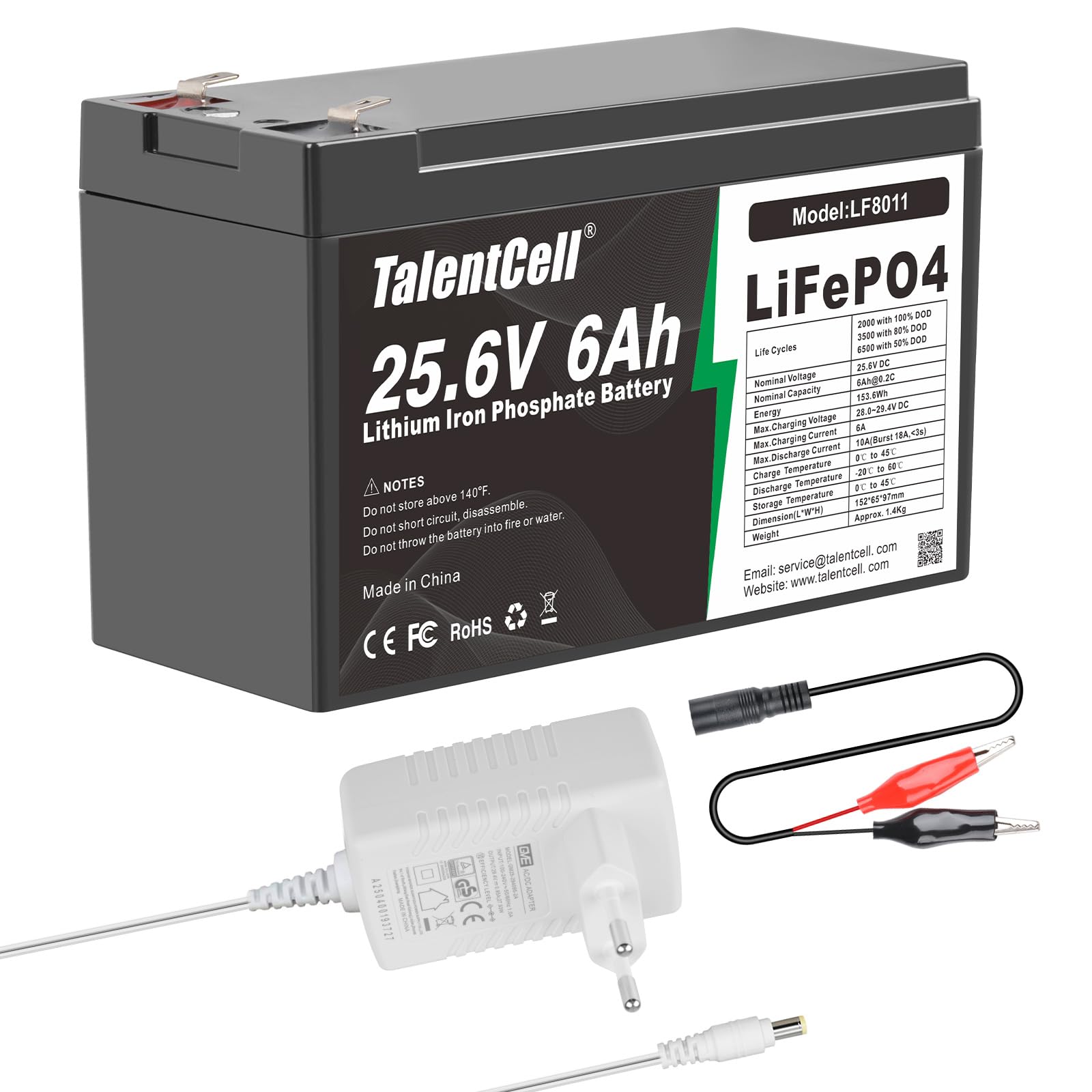Talentcell 24V 6Ah LiFePO4 Akkupack LF8011, 153.6Wh Deep Cycle Lithium Eisen Phosphat Akkus mit Ladegerät und Anschlusskabel, für Kinderfahrzeuge, Trolling Motor, Camping