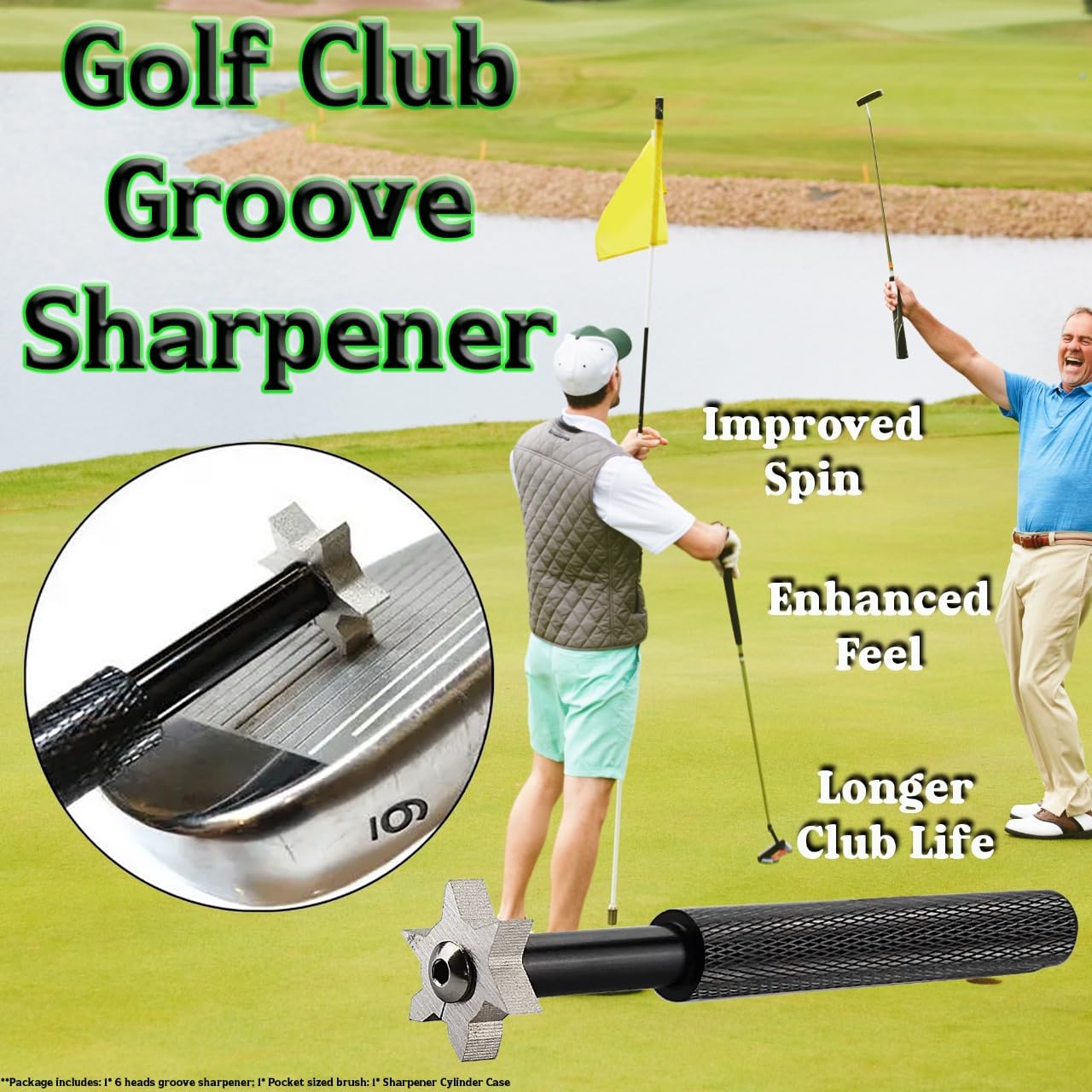 Golf Groove Sharpener, Golf Club Groove Sharpener Tool, 6-Head Groove Cleaner for Wedges & Irons, Golf Club Maintenance Tool with Cleaning Brush for Improved Spin & Control