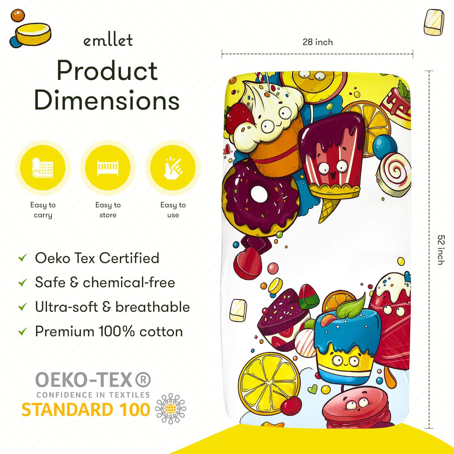 Sábana bajera ajustable para cuna de bebé, 100 % algodón, suave, transpirable, elástica, para cuna de tamaño estándar, ropa de cama de guardería, certificado Oeko-TEX, adorable patrón de dulces para