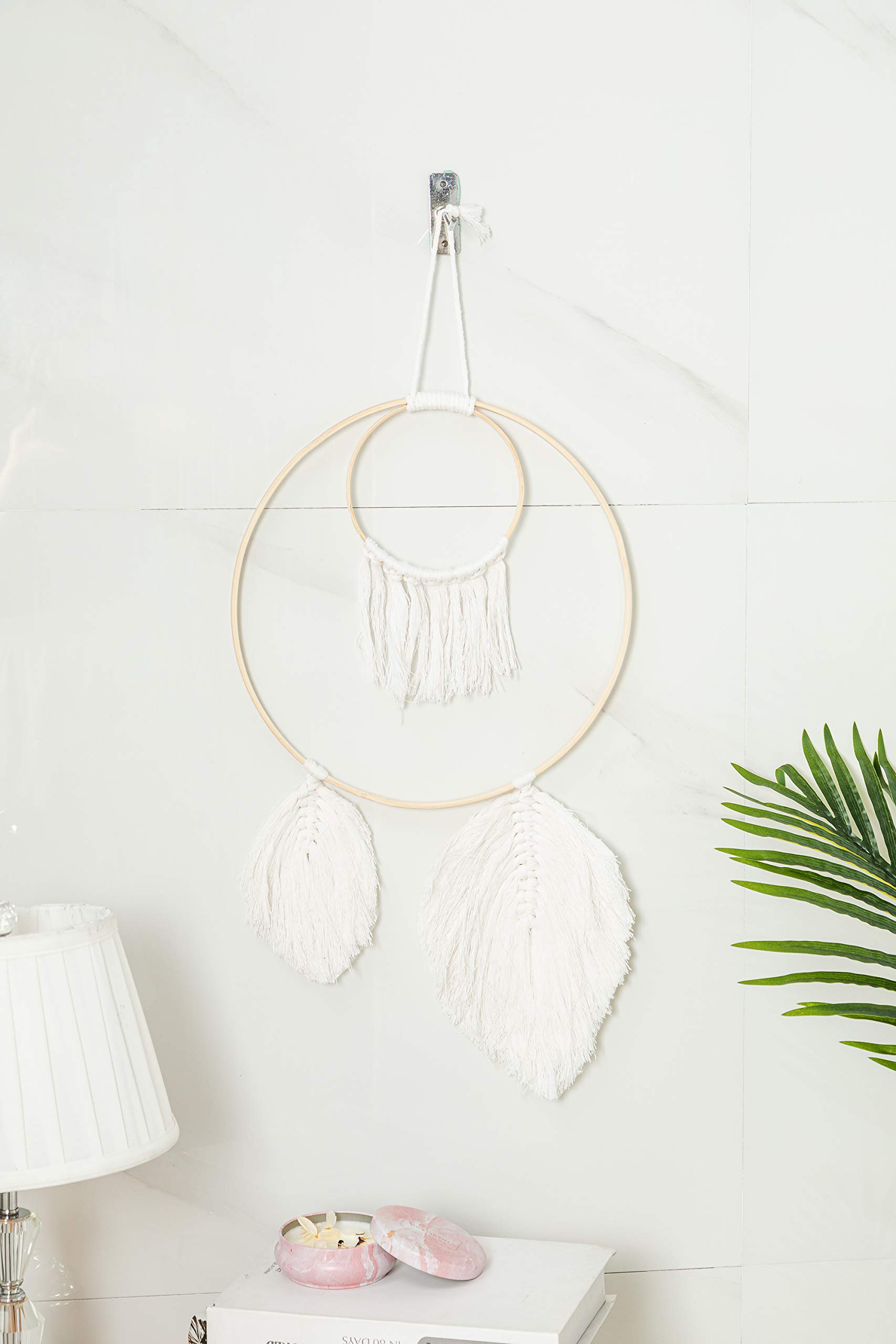 TJ Global Minimalist Woven Double Hoop Macrame Wall Hanging with Feathers and Tassels, Handmade Boho Decoration Home Decor Ornament Craft Gift, 21 inch x 12 inch (Ivory)
