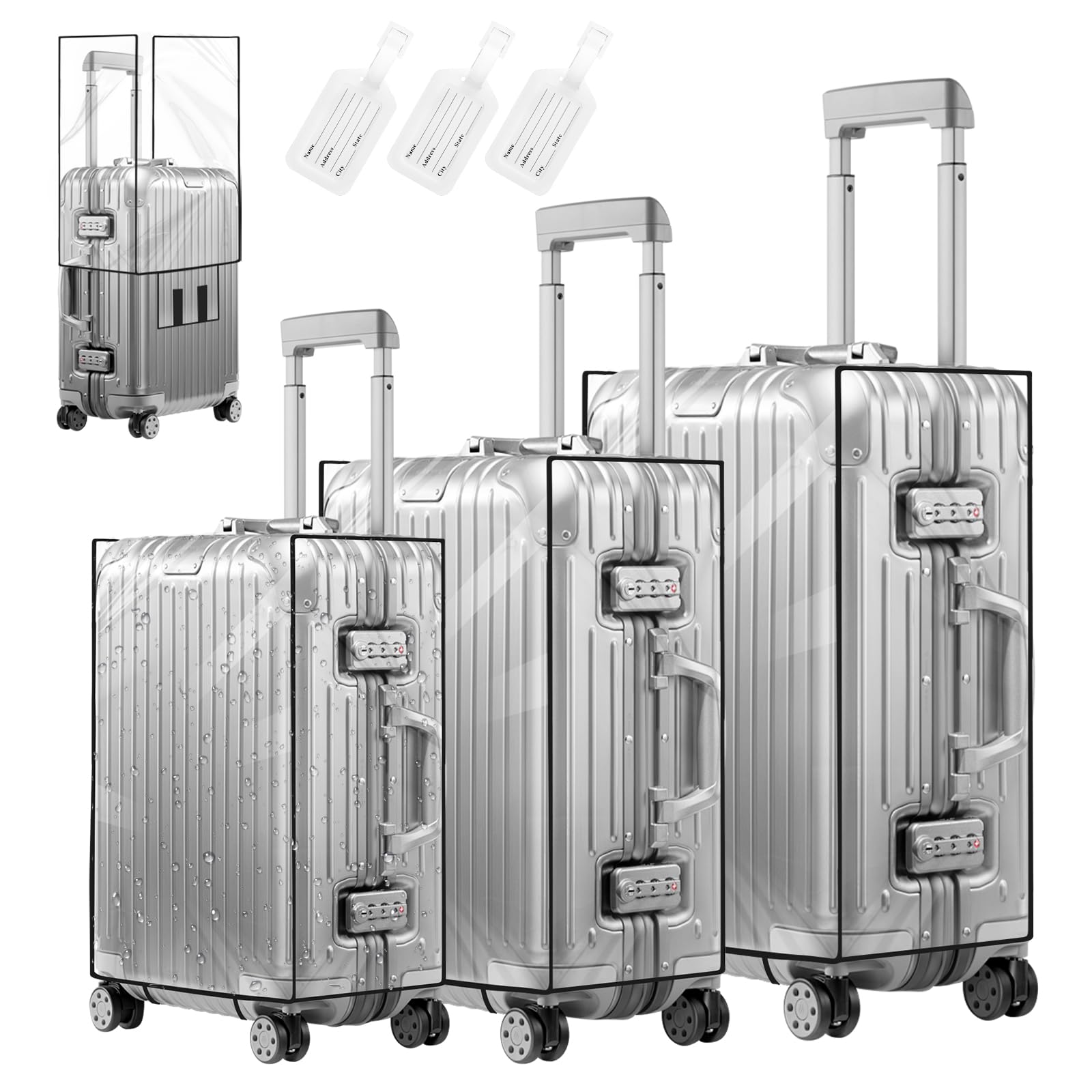 MAOMUN 3 Trasparente Copri Valigia con 3 Etichette Per Valigie Aereo, Coprivaligia in Pvc Impermeabile Copri Valigia Grande 20/24/28 Pollici, Coprivaligia Grande Coprivaligia Media per Viaggi Affari