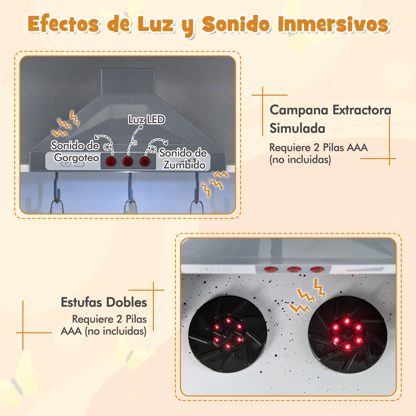 COSTWAY Cocina Juguete, Cocinita de Madera Infantil, Cocinita Infantil con Luz y Sonido con Campana Extractora, Dispensador de Hielo, Fregadero, Grifo, Microondas, Horno, Utensilios (Blanco)