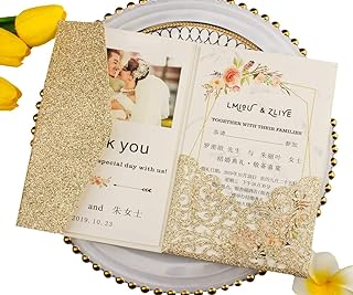 25 set 5"x7.28" Light Gold Glitter Vine Tri Fold Pocketfold Wedding Invitations Cards Laser Cut Hollow Carving Greeting invites pockets with envelopes RSVP cards inserts (Light gold glitter)