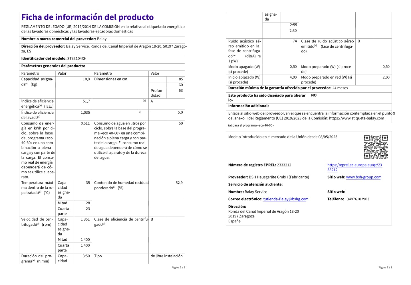 Balay - Lavadora, Libre Instalación, 10 kg, AutoDosificación, Programas Super Rápido y Rápido/mix, Programa plancha, Silenciosa, Home Connect, acero mate antihuellas, 3TS3104XH
