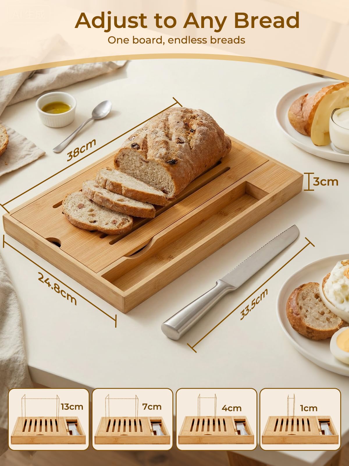 FOHERE Tabla Cortar Pan Bambú Bandeja Recogemigas, Cuchillo Pan Incluido | Bambú Ecológico, Bandeja Recogemigas Extraíble, 2-En-1 Corte/Servicio, Adecuado Para Baguette/Croissant, 38 X 24,8 X 3 cm