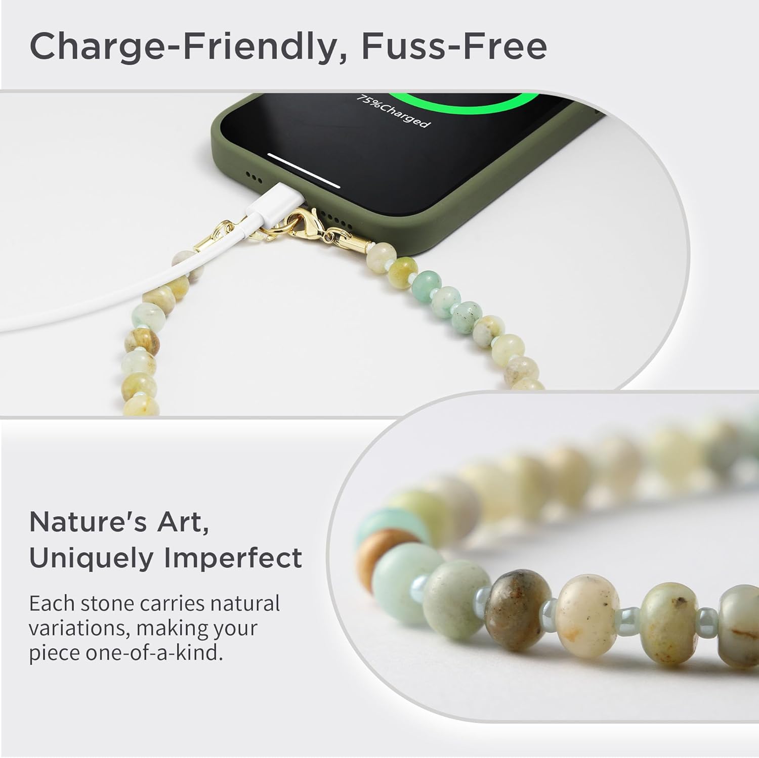 Natural Stone Phone Charm, Beaded Healing Phone Wrist Strap, Handmade Cellphone Chain Lanyard with Tether Tab - Image 3
