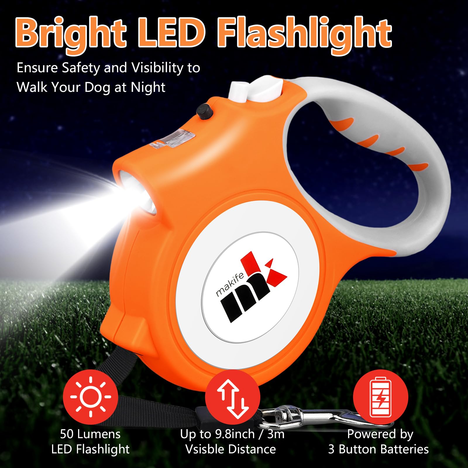Guinzaglio retrattile per cani di piccola taglia fino a 25 kg, guinzaglio resistente da 5 m, con luce a LED e 15 sacchetti per escrementi per cani con dispenser, arancione
