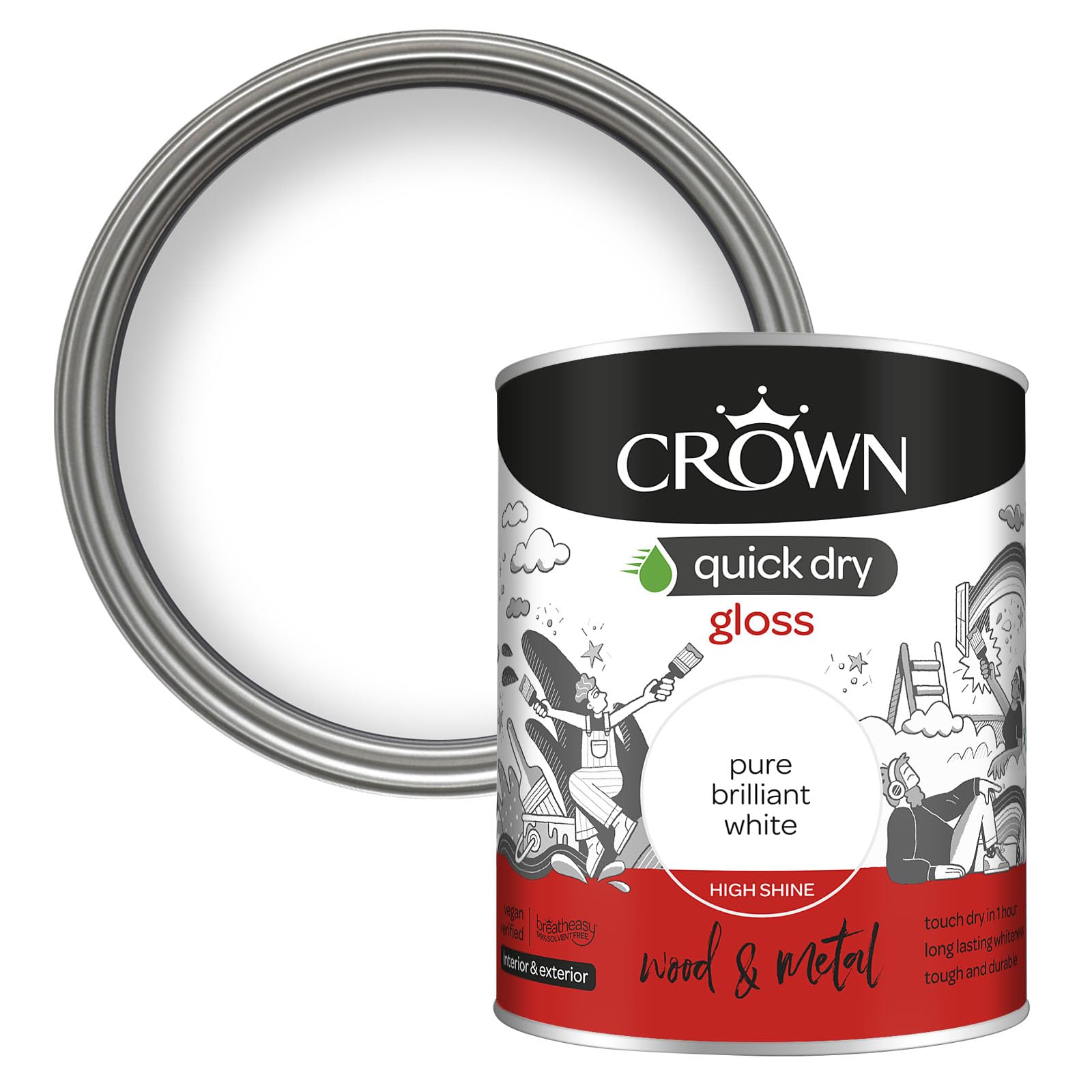 Crown Quick Dry Wood & Metal Pure Brilliant White Satin Paint 750Ml