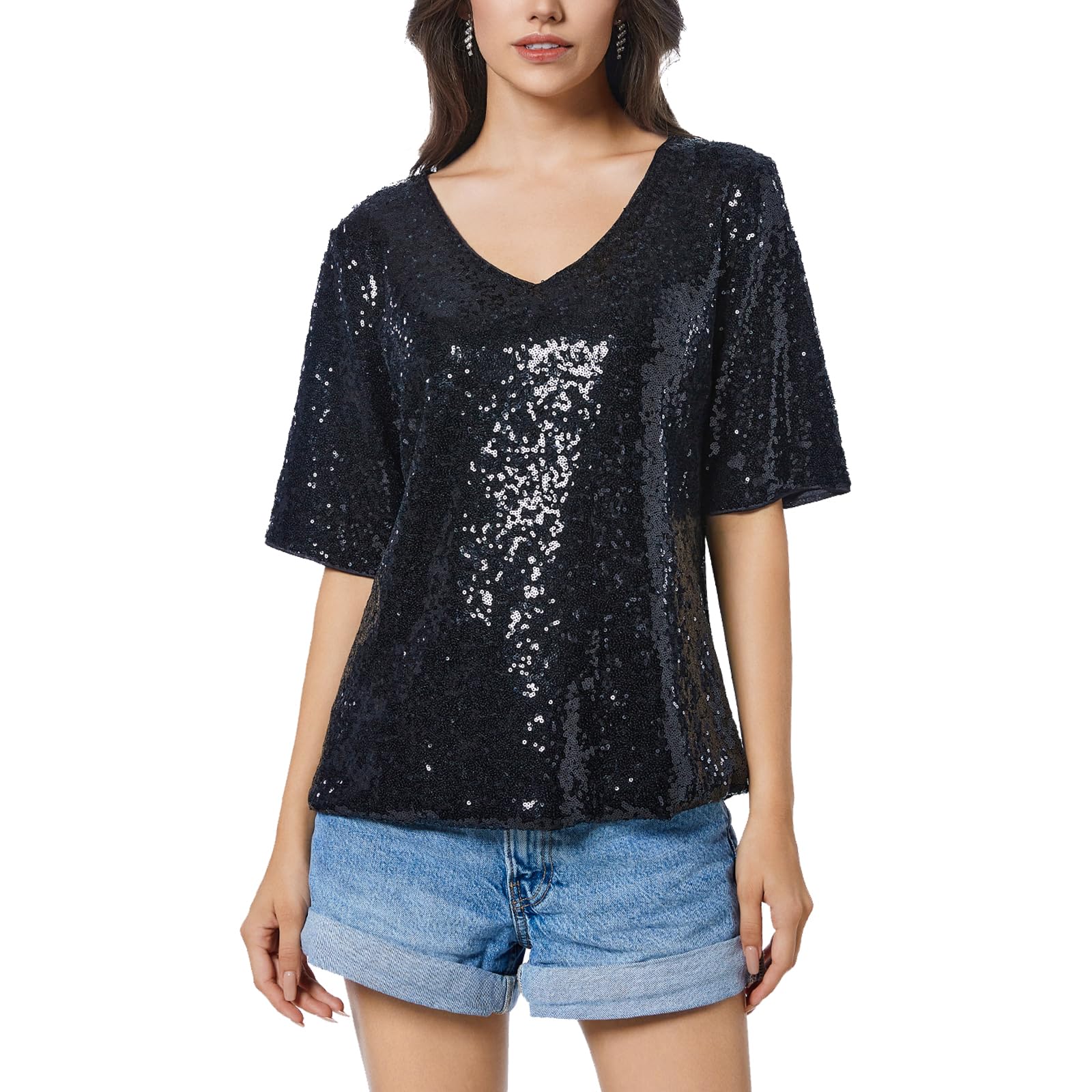 Yypbi Women's Black Sequin Tops For Sparkly T Shirts Glitter V Neck Short Sleeve Blouse Loose Disco Party Casual Tunic Top L