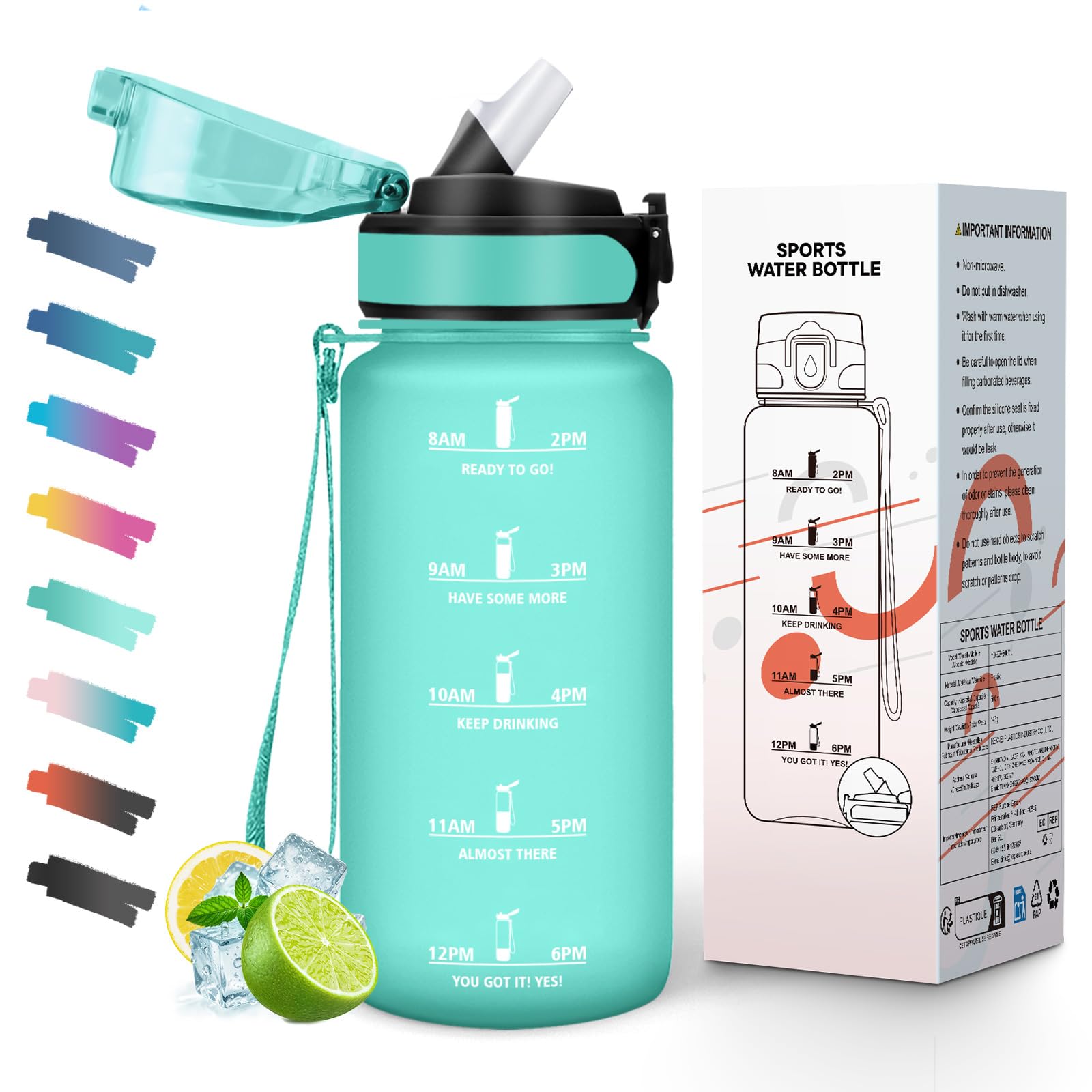 500ML BPA Free Water Bottle with Straw Time Scale Motivational Wide Mouth Leakproof Lid for School Office Gym