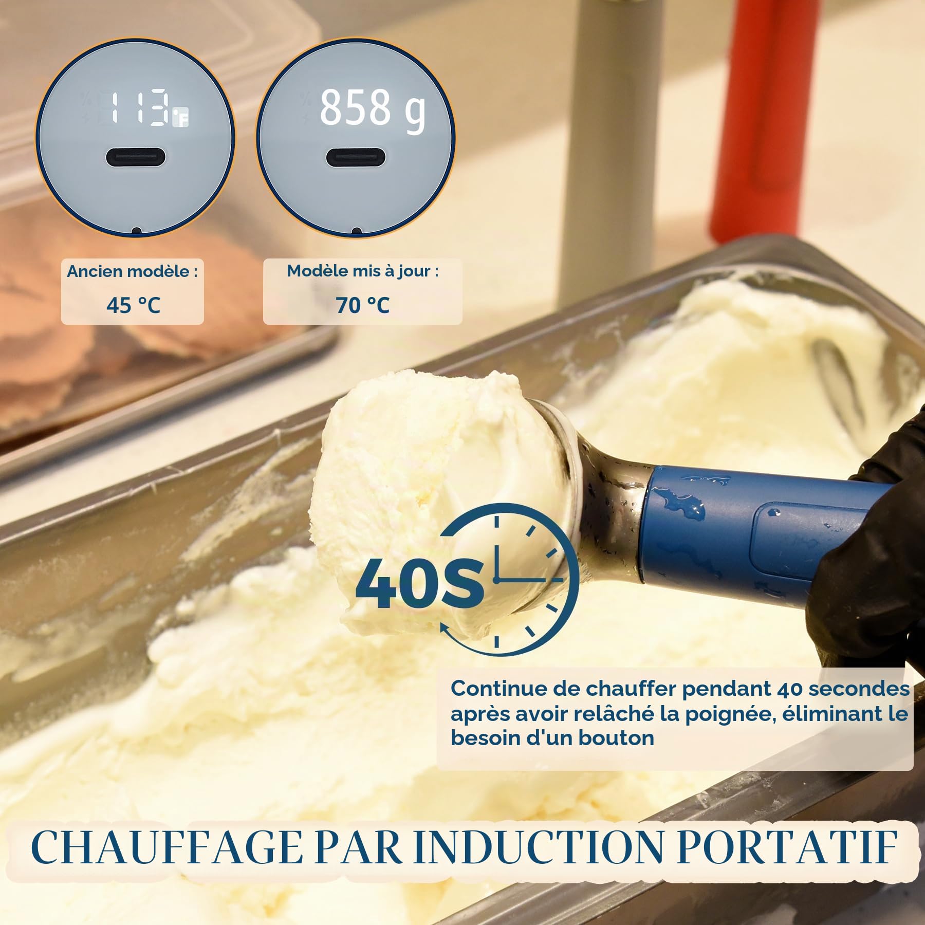 Cuillère à crème glacée chauffante, rechargeable, électrique avec écran LED, chauffe jusqu'à 70 °C pour crème glacée dure, facile pour les personnes âgées et les enfants, étanche IP67 (bleu)