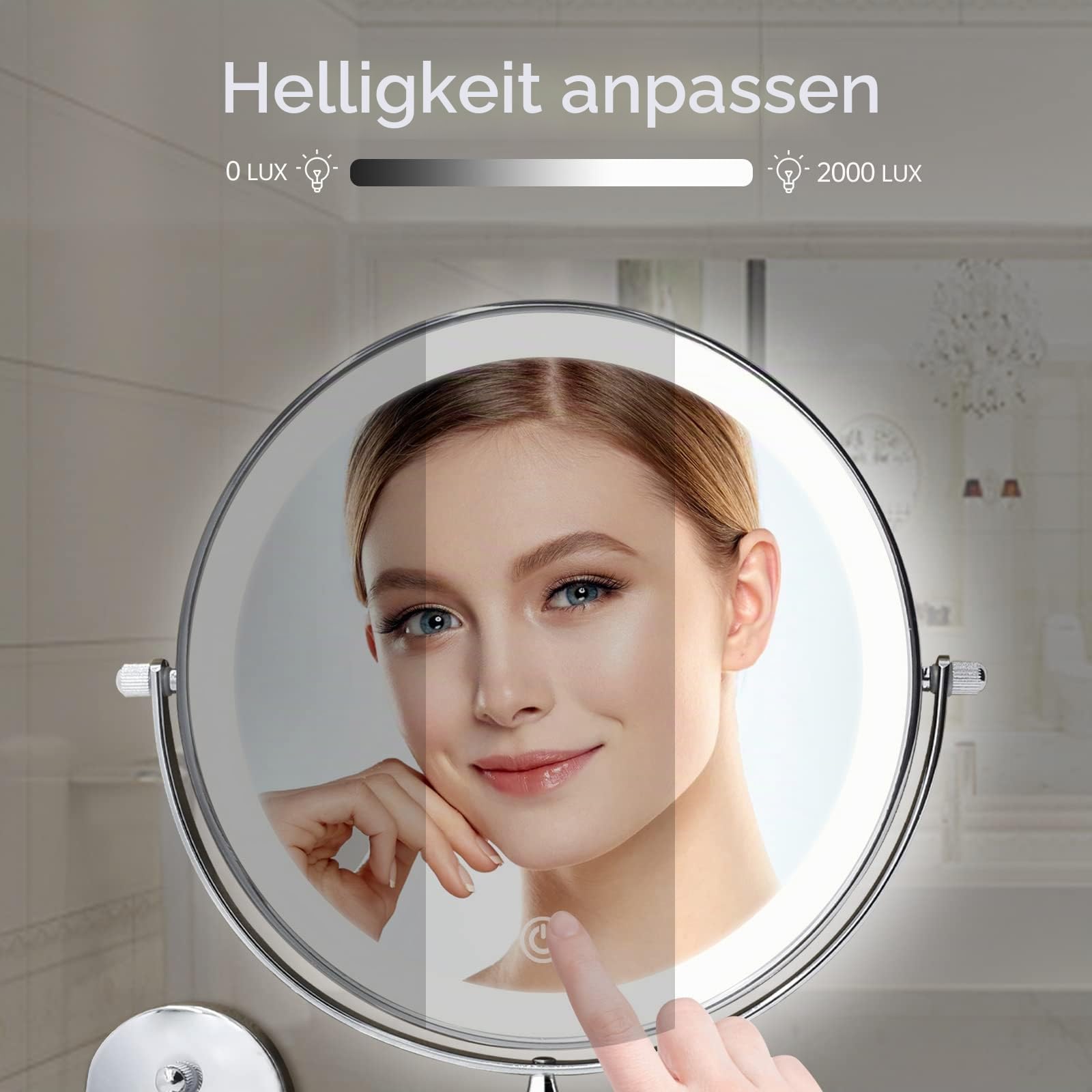 FUNTOUCH 4000mAh Wiederaufladbar Kosmetikspiegel mit Beleuchtetung, 1X 30X Spiegel Vergrößerung Wandmontage, Dimmbarer Rasierspiegel 3 Farben, Touchscreen, 360° Drehbar, Schminkspiegel für Badezimmer